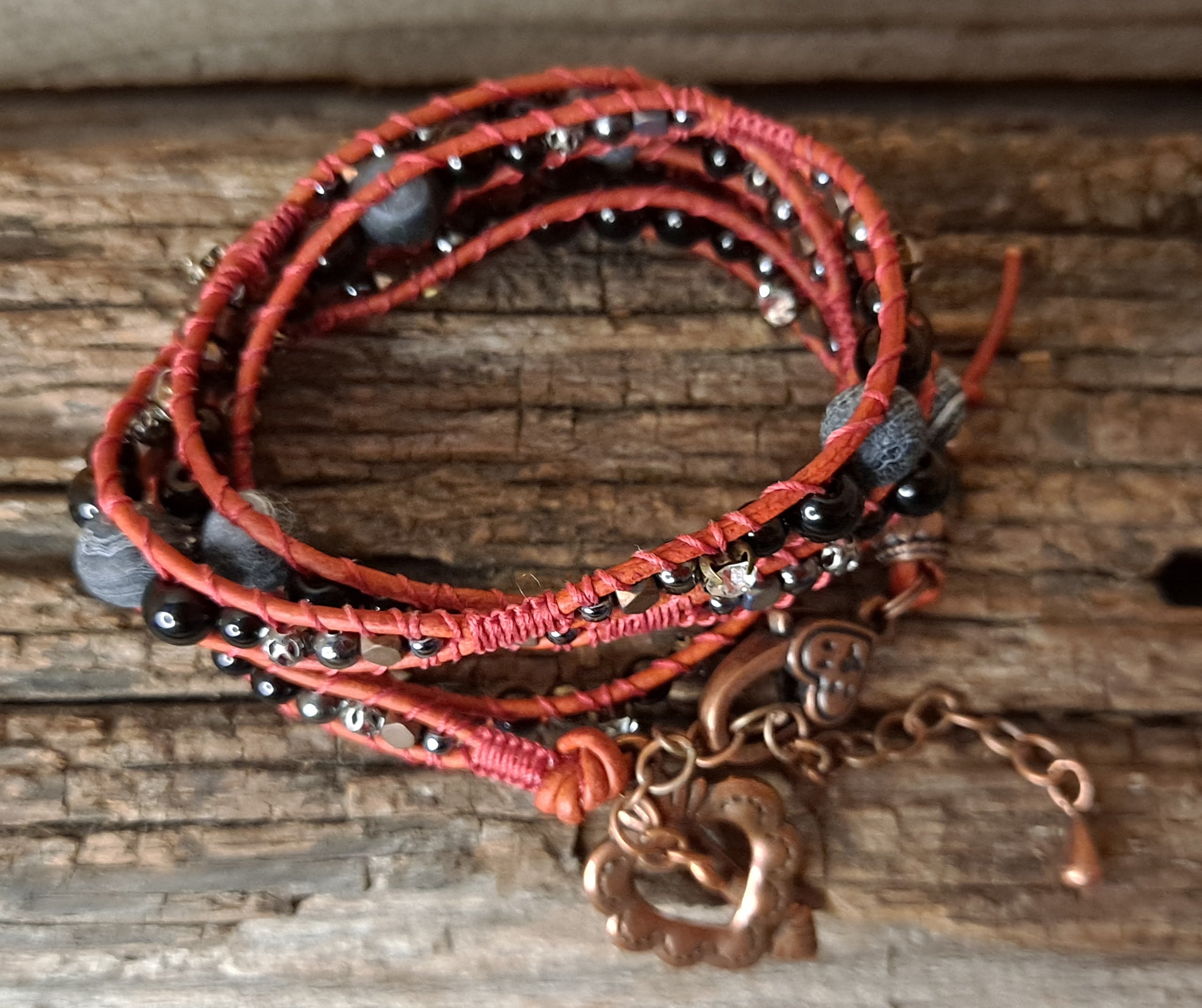 Bracelet Handmade, 4-Wrap Leather Bracelet, Onyx, Jasper, & Stone Beads (E07)