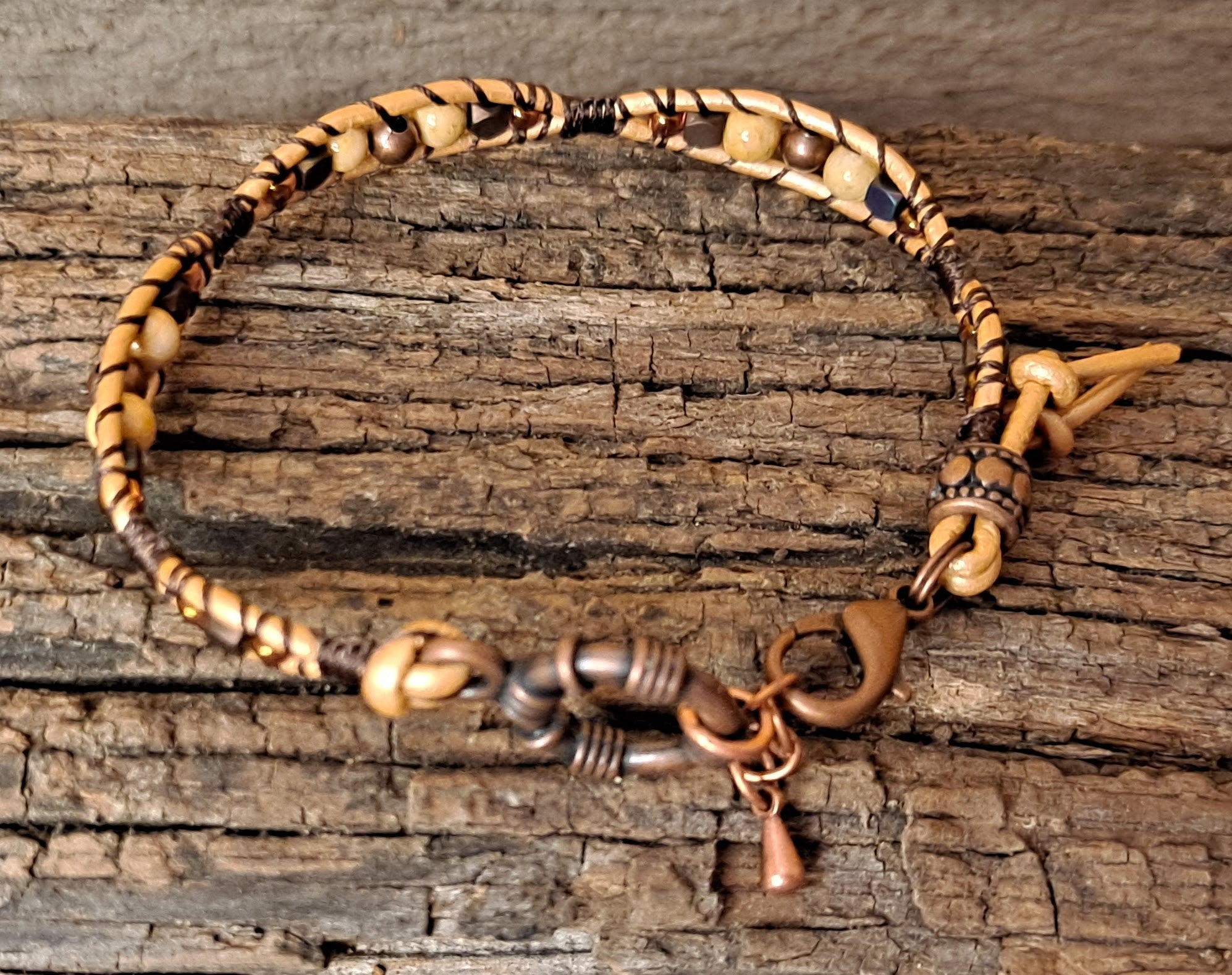 Bracelet Handmade, Single Wrap Leather Bracelet, Riverstone Beads (G1)