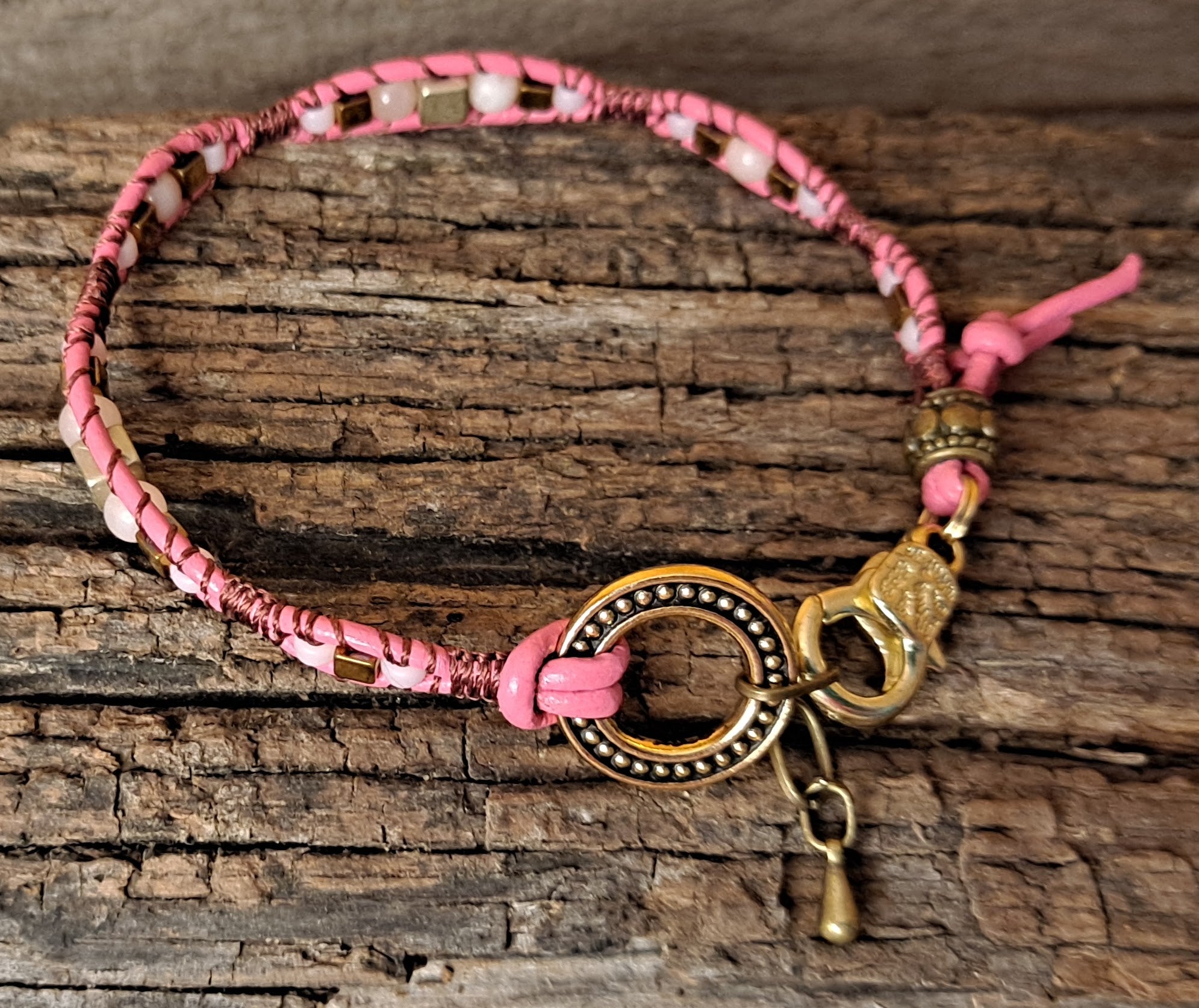 Bracelet Handmade, Single Wrap Leather Bracelet, Opal Beads (J84)