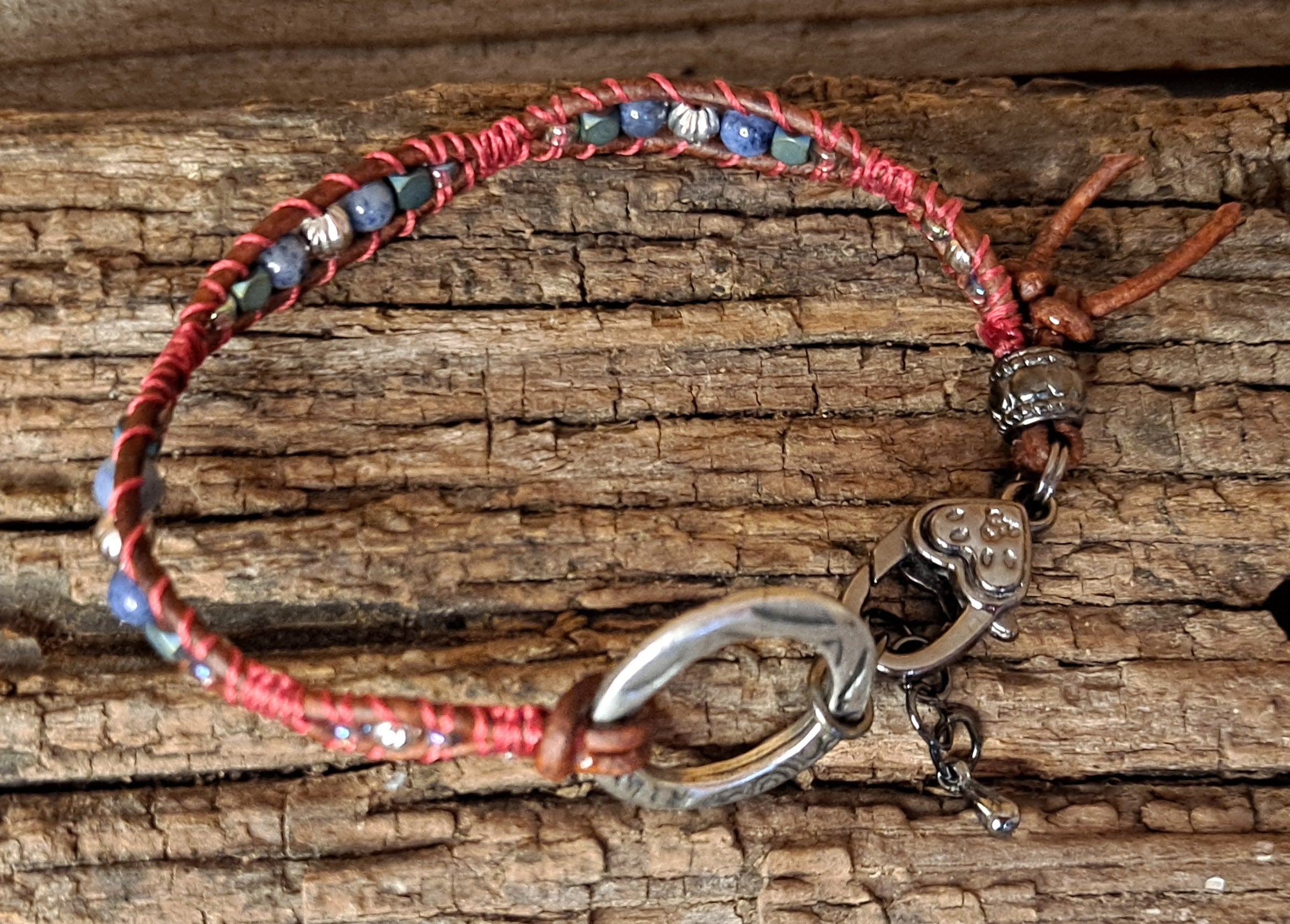 Bracelet Handmade, Single Wrap Leather Bracelet, Dumortierite Beads (J27)
