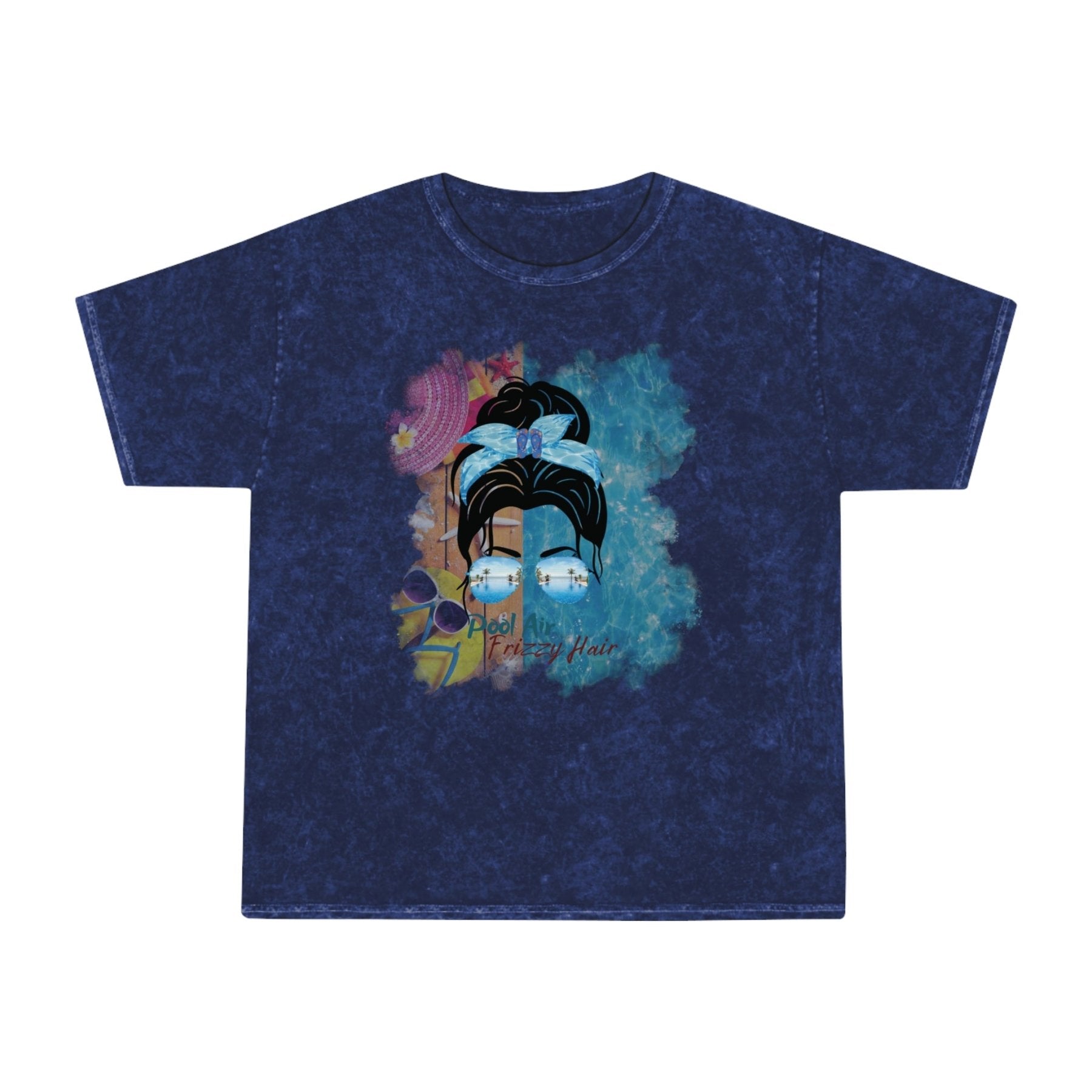 Pool Air Frizzy Hair, Black Hair Messy Bun, Pool Scene, Unisex Mineral Wash T - Shirt - Janlyn's Crafts