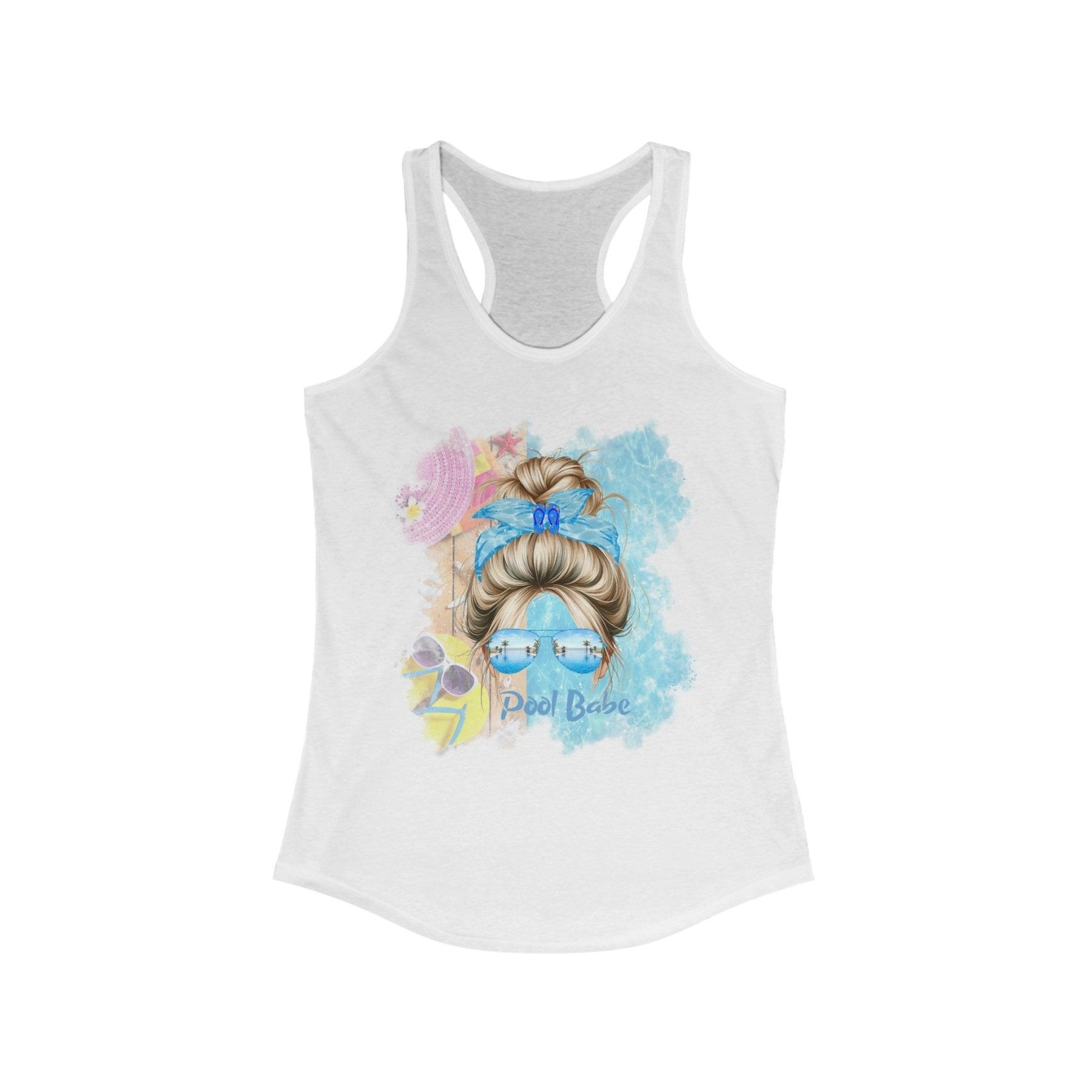 Pool Babe, Blond Hair Messy Bun, Pool Scene, Women's Ideal Racerback Tank - Janlyn's Crafts