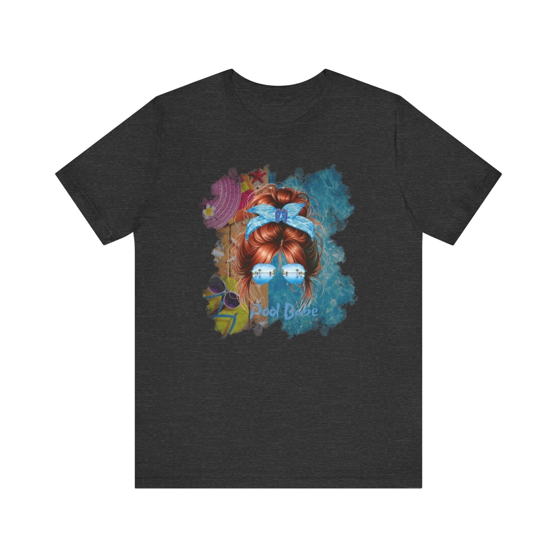 Pool Babe, Red Hair Messy Bun, Pool Scene, Unisex Jersey Short Sleeve Tee - Janlyn's Crafts