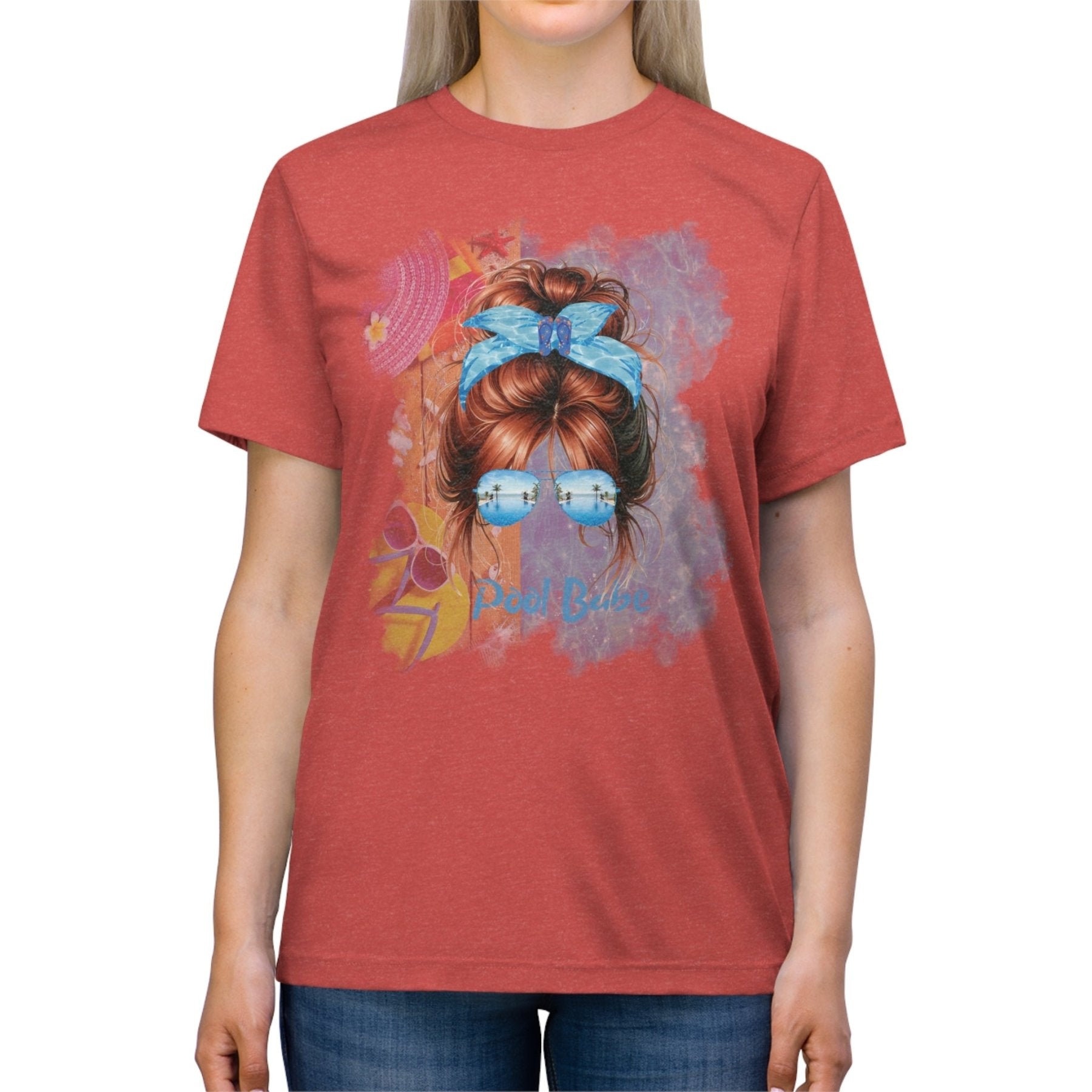 Pool Babe, Red Hair Messy Bun, Pool Scene, Unisex Triblend T - Shirt - Janlyn's Crafts