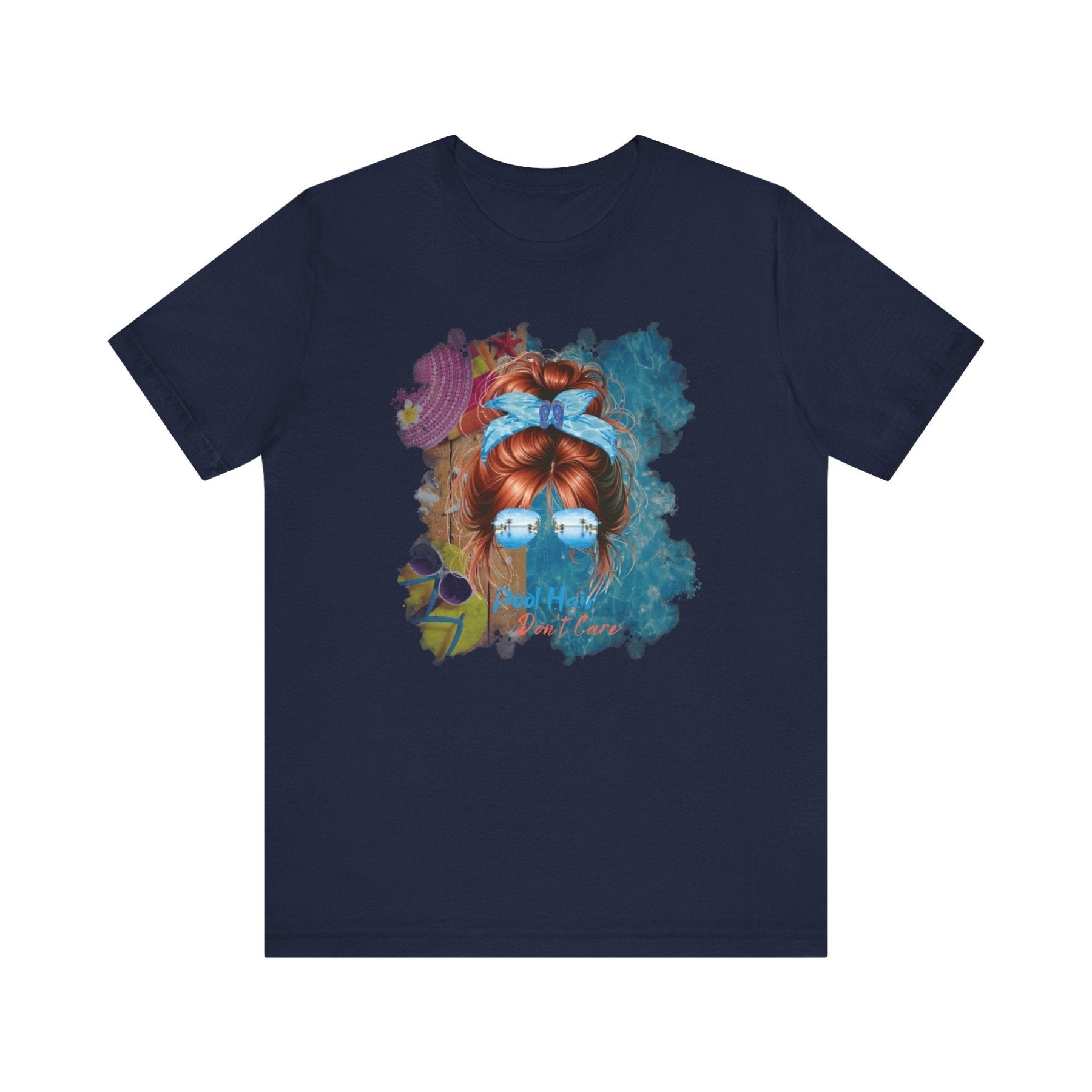 Pool Hair Don't Care, Red Hair Messy Bun, Pool Scene, Unisex Jersey Short Sleeve Tee - Janlyn's Crafts