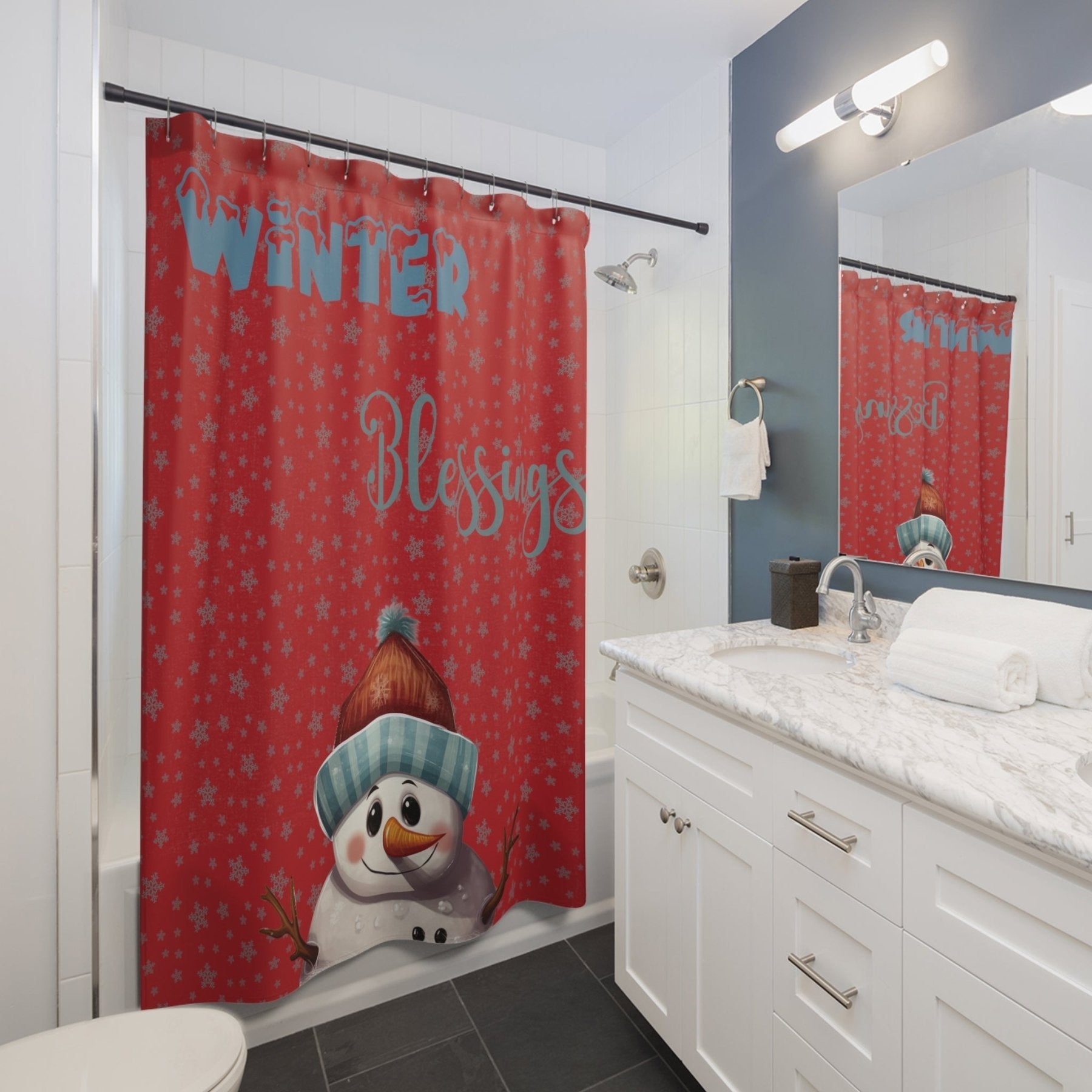 Shower Curtain, Snowman, Winter, Winter Blessings, Dark Red, Snowman 4 - Janlyn's Crafts