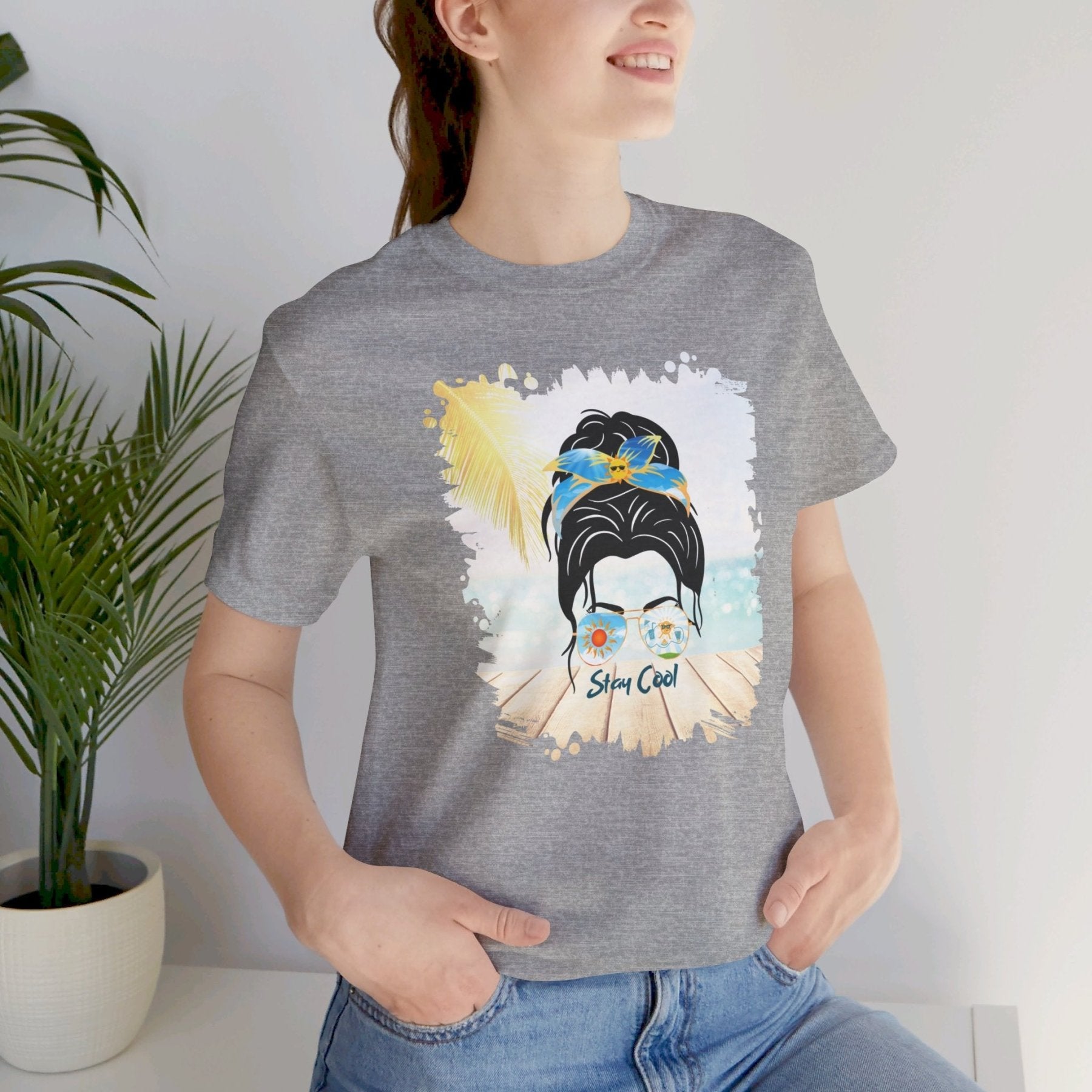 Stay Cool Sun, Dark Hair Messy Bun, Unisex Jersey Short Sleeve Tee - Janlyn's Crafts