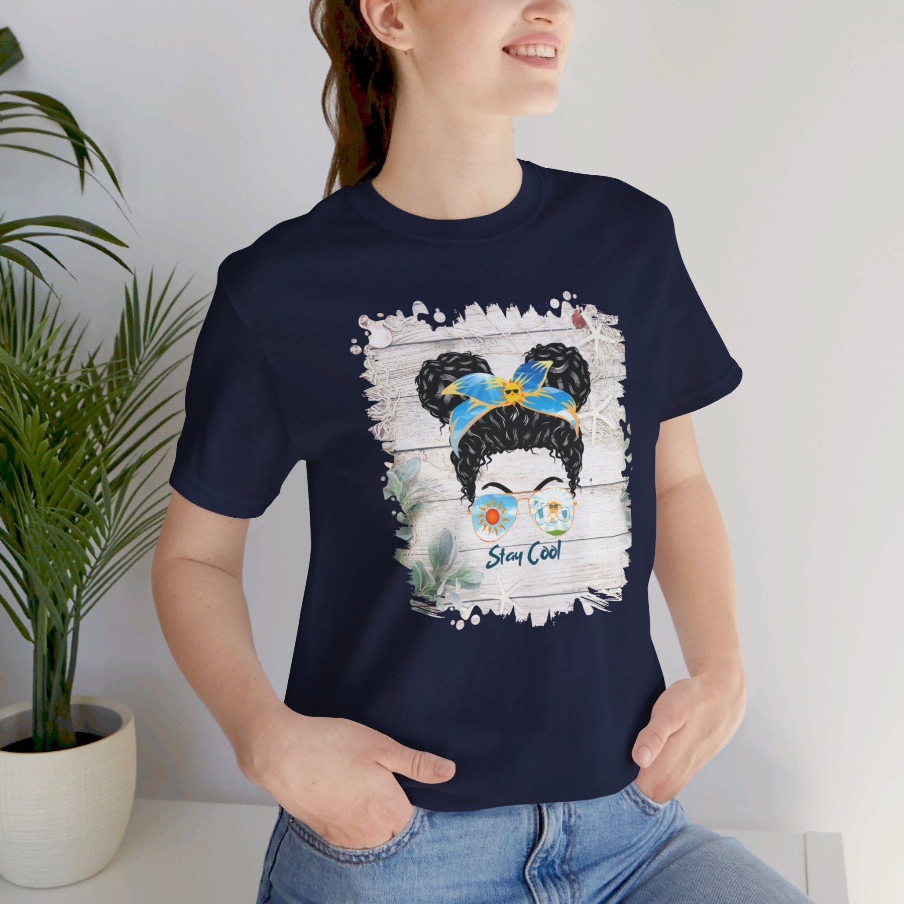 Stay Cool Whiteboard Sun, Black Hair Messy Bun, Unisex Jersey Short Sleeve Tee - Janlyn's Crafts