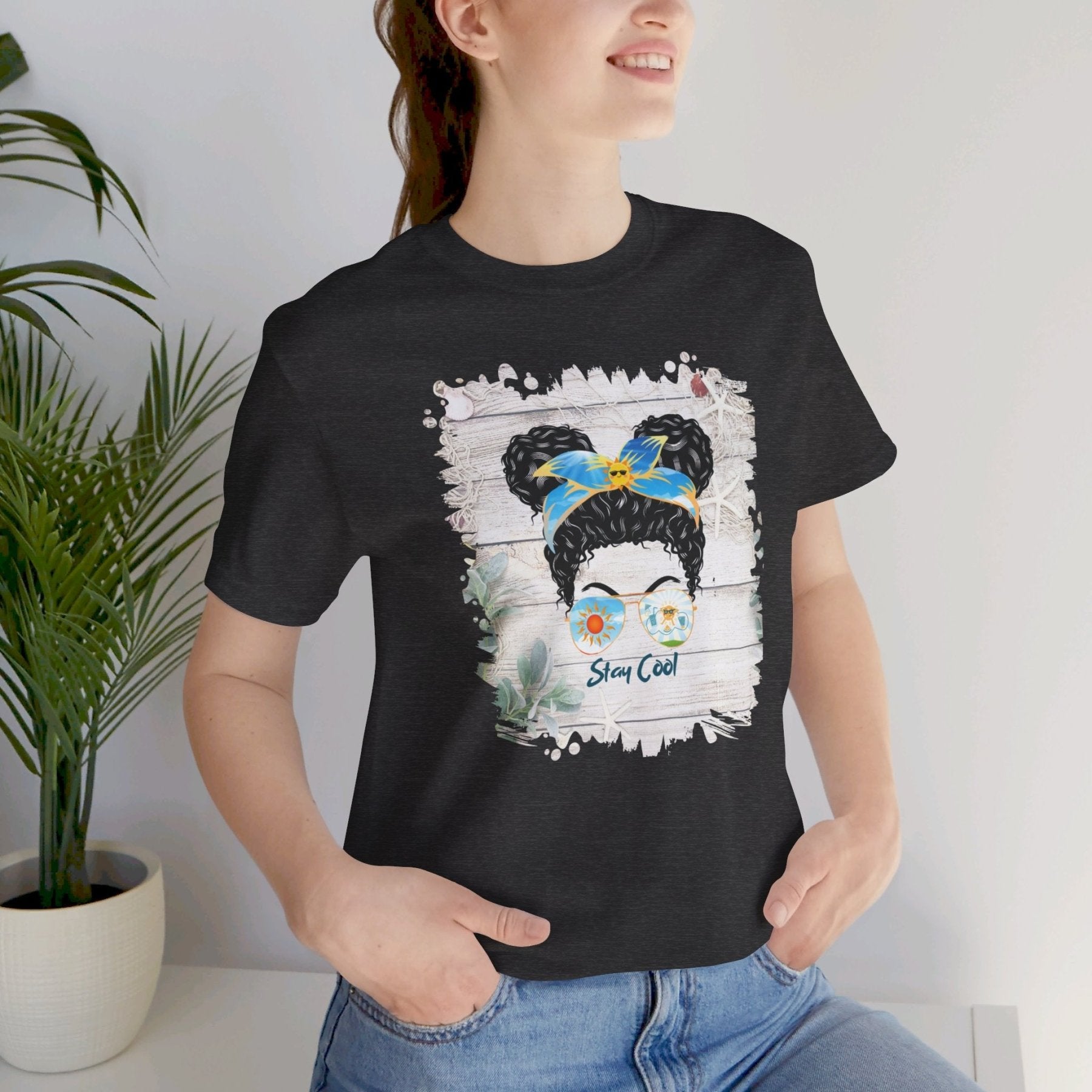 Stay Cool Whiteboard Sun, Black Hair Messy Bun, Unisex Jersey Short Sleeve Tee - Janlyn's Crafts