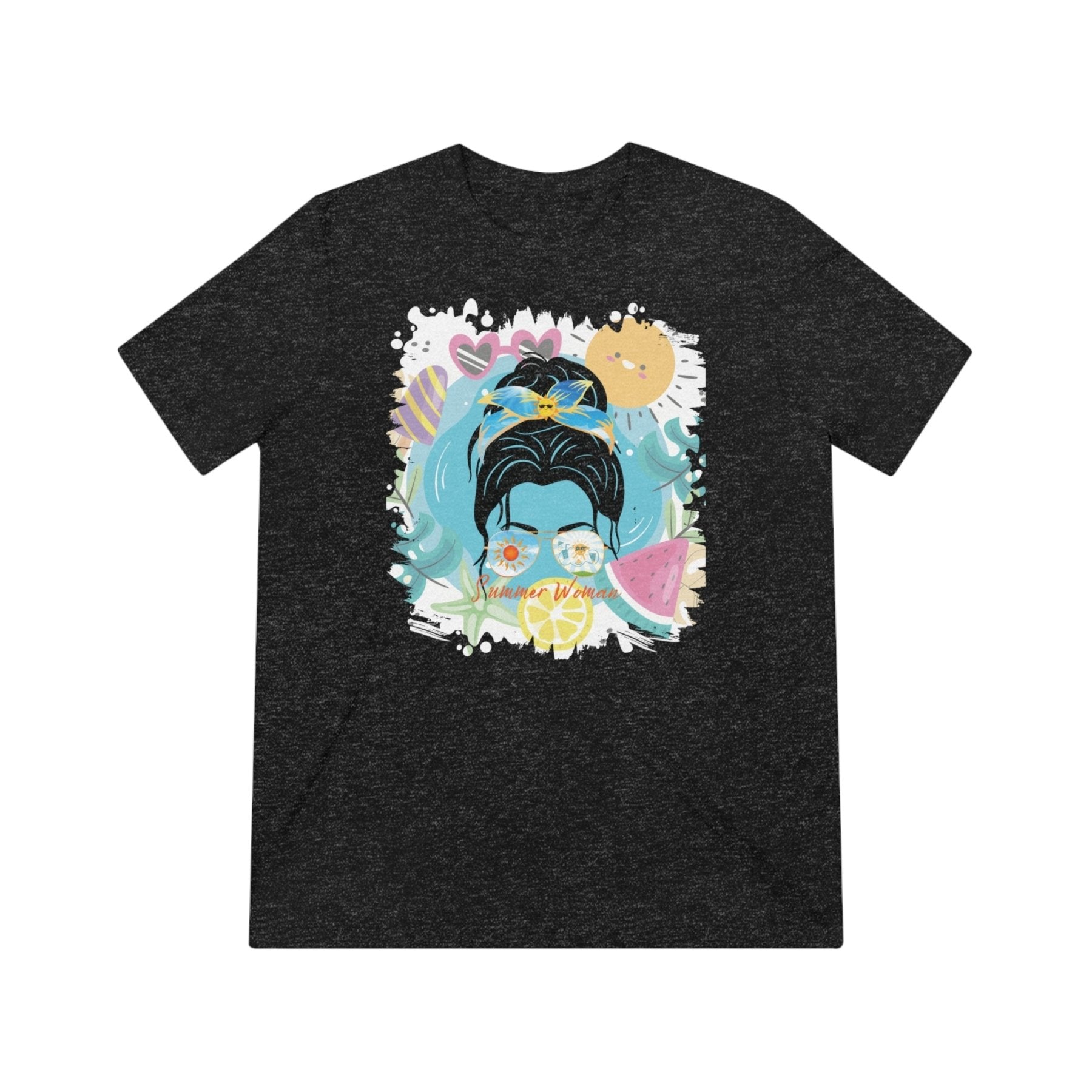 Summer Woman Sun Whimsical, Dark Hair Messy Bun, Unisex Triblend T - Shirt - Janlyn's Crafts