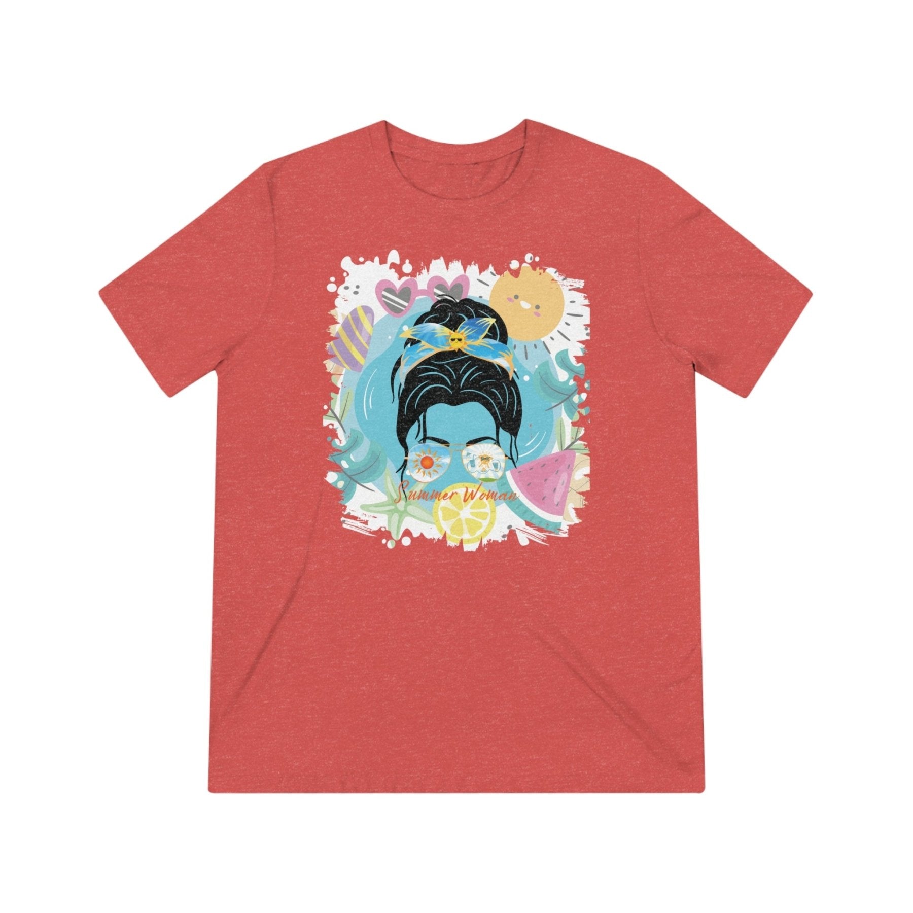 Summer Woman Sun Whimsical, Dark Hair Messy Bun, Unisex Triblend T - Shirt - Janlyn's Crafts