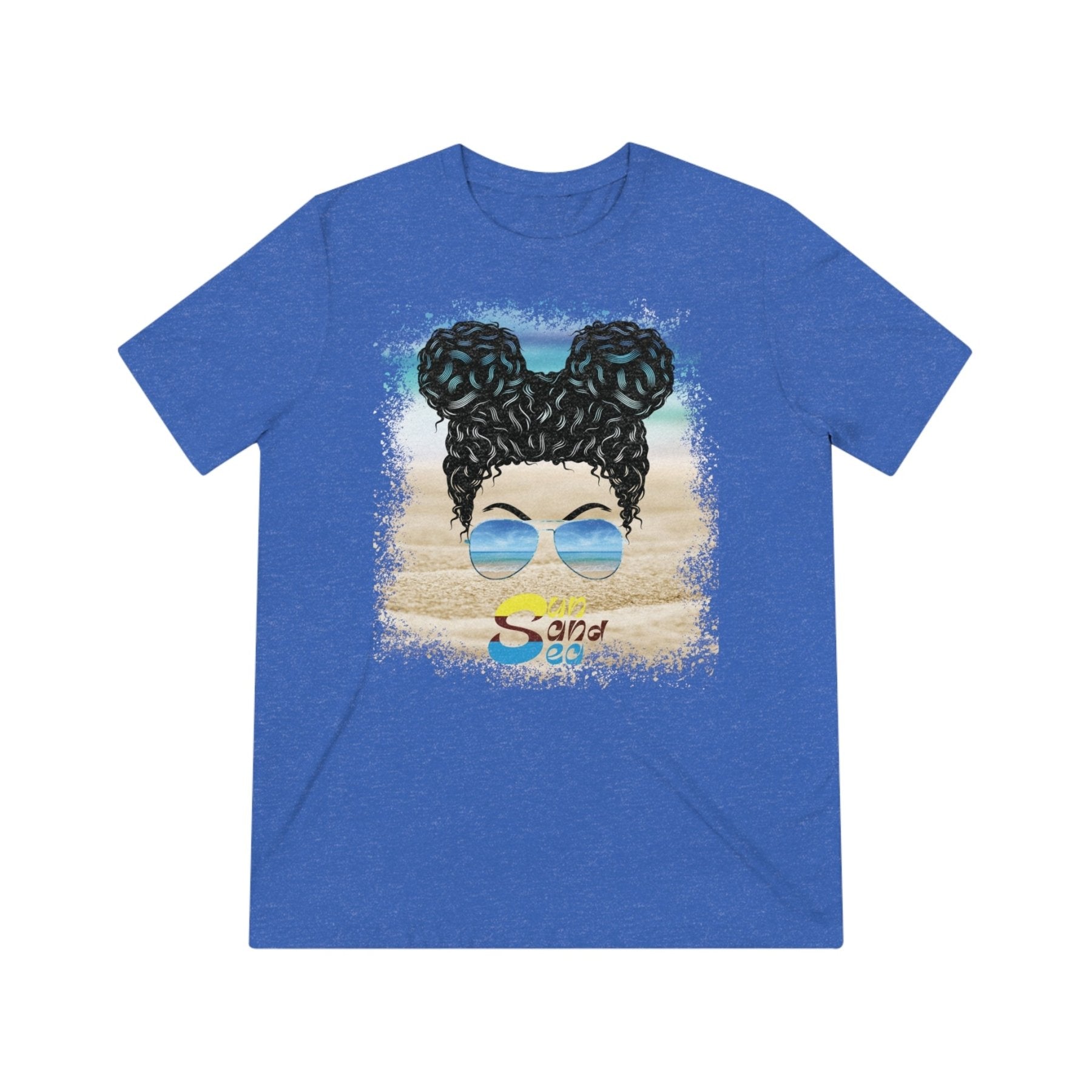 Sun Sand Sea, Black Hair Messy Bun, Unisex Triblend T-Shirt - Janlyn's Crafts