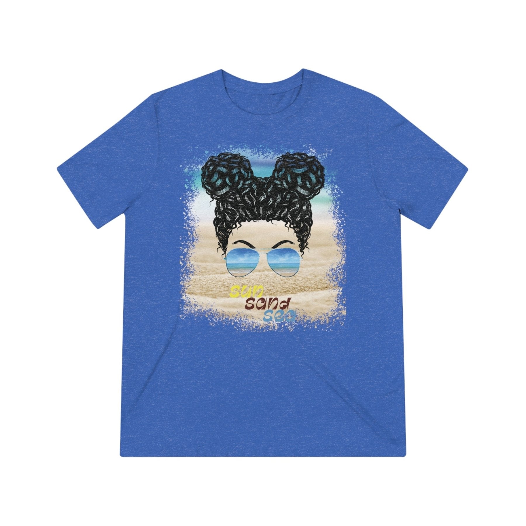 sun sand sea, Black Hair Messy Bun, Unisex Triblend T-Shirt - Janlyn's Crafts