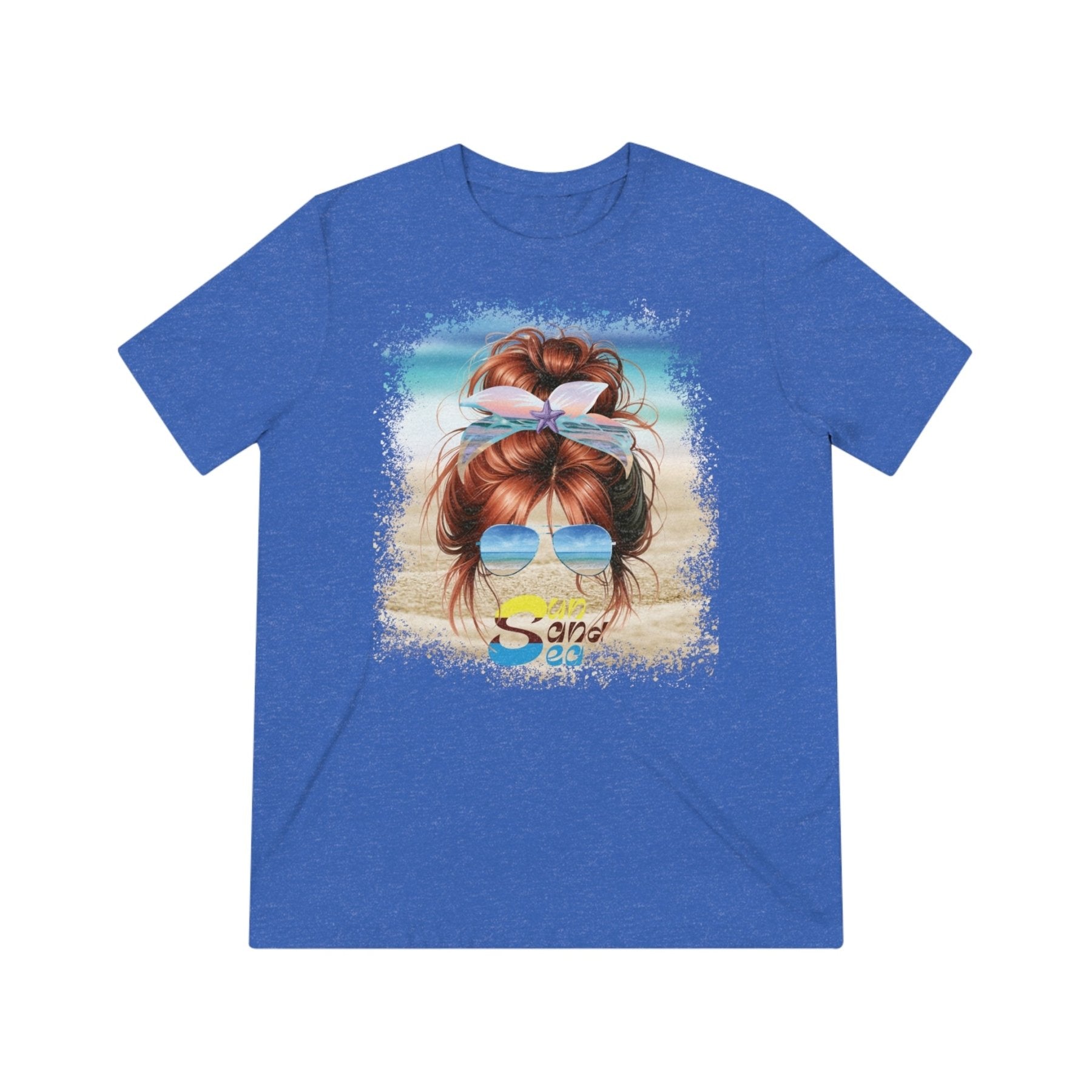 Sun Sand Sea, Red Hair Messy Bun, Unisex Triblend T-Shirt - Janlyn's Crafts