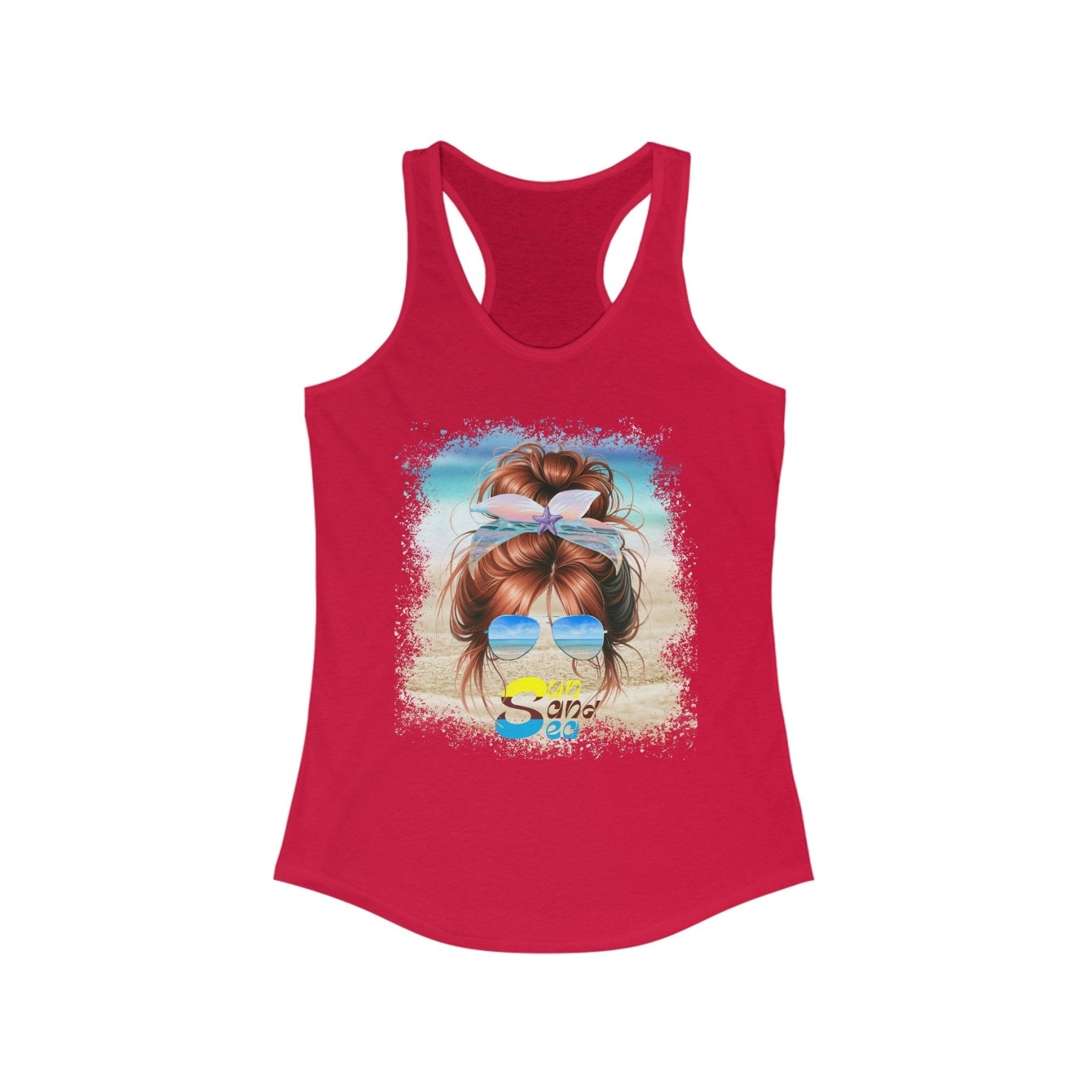 Sun Sand Sea, Red Hair Messy Bun, Women's Ideal Racerback Tank - Janlyn's Crafts