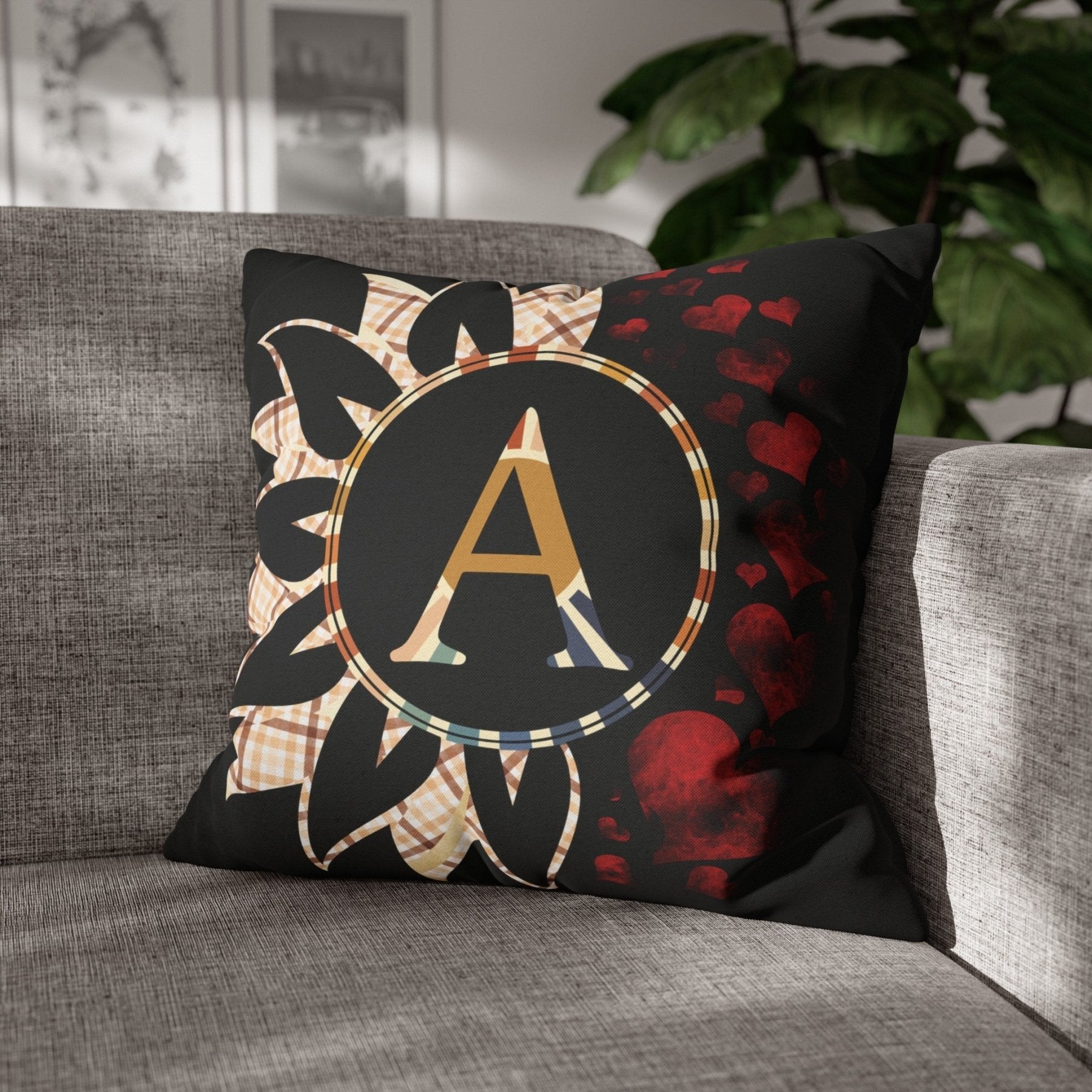 Sunflower & Hearts Monogram Throw Pillow Cover, Throw Pillow Case, Black Case, Qty 1, (Plaid Vintage-A) - Janlyn's Crafts