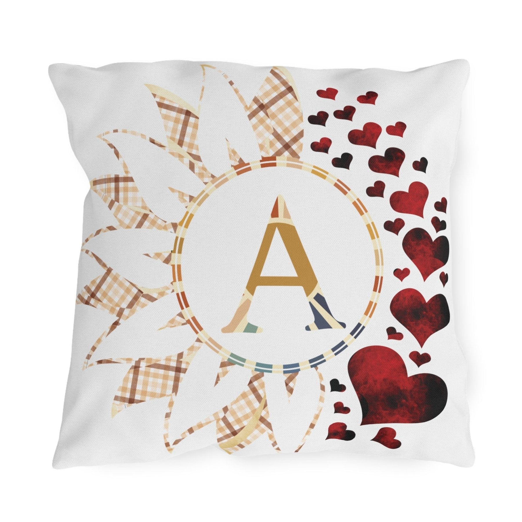 Sunflower & Hearts Outdoor Pillow, Monogram, Qty 1 (Plaid Vintage-A) - Janlyn's Crafts