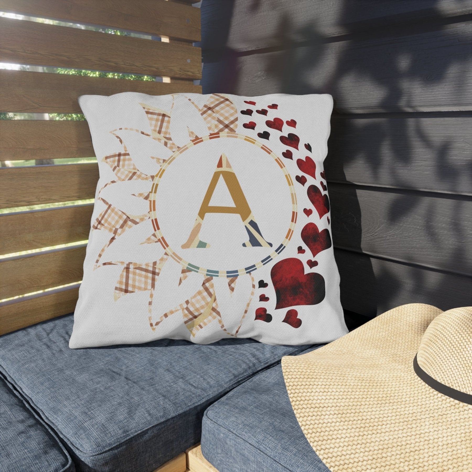 Sunflower & Hearts Outdoor Pillow, Monogram, Qty 1 (Plaid Vintage-A) - Janlyn's Crafts