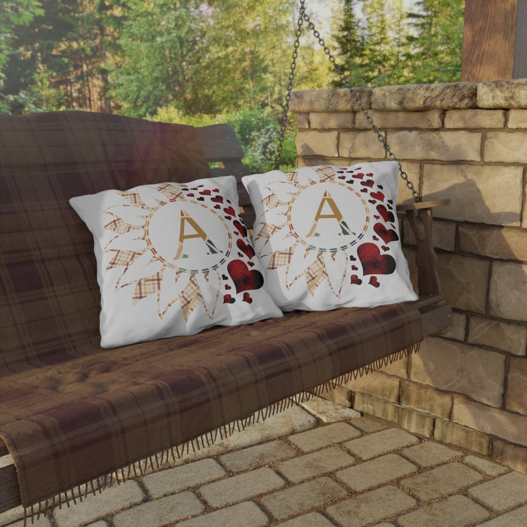Sunflower & Hearts Outdoor Pillow, Monogram, Qty 1 (Plaid Vintage-A) - Janlyn's Crafts