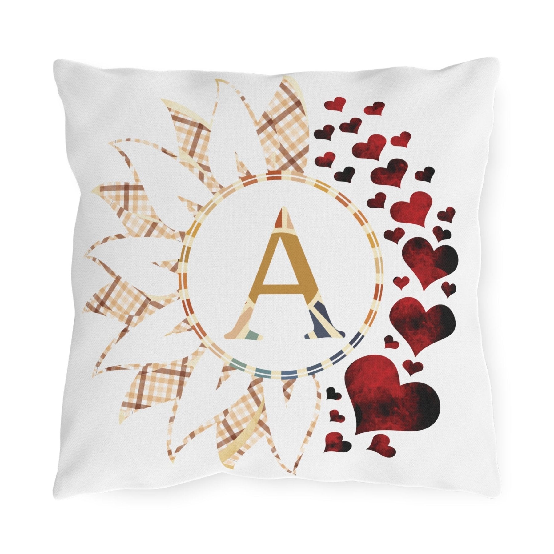 Sunflower & Hearts Outdoor Pillow, Monogram, Qty 1 (Plaid Vintage-A) - Janlyn's Crafts