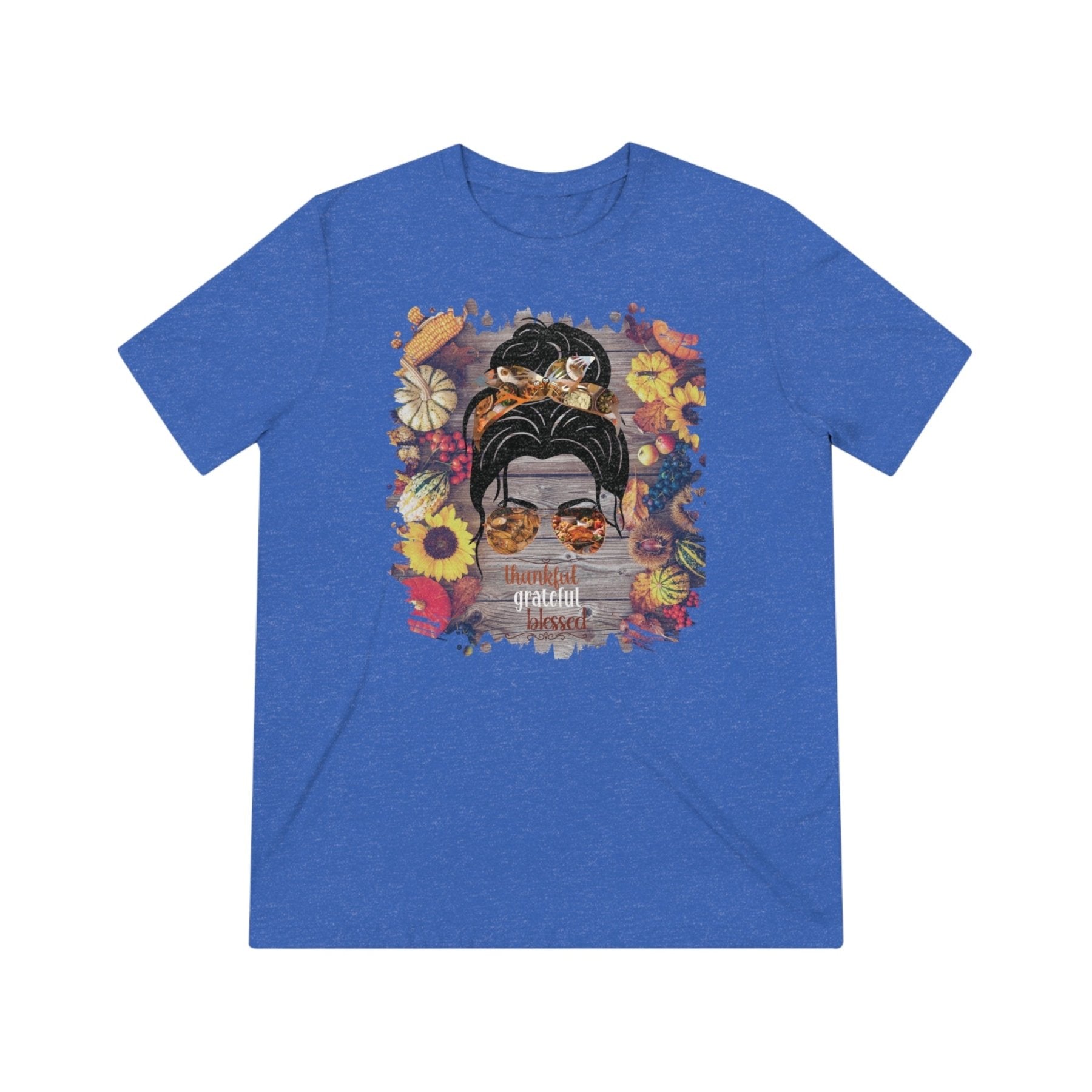 Thankful Grateful Blessed Decorated Background, Dark Hair Messy Bun, Unisex Triblend T - Shirt - Janlyn's Crafts