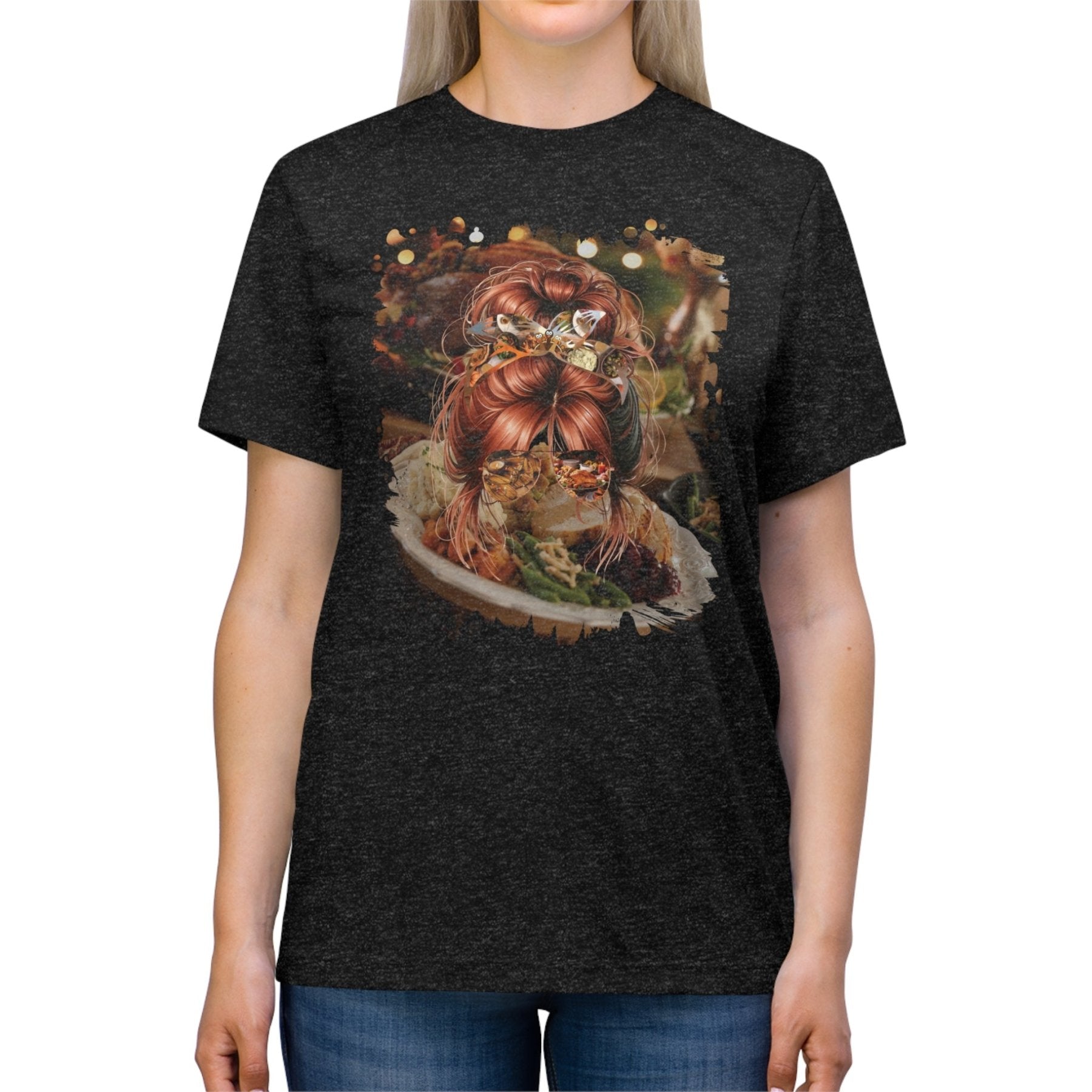 Thanksgiving Meal, Red Hair Messy Bun, Unisex Triblend T - Shirt - Janlyn's Crafts