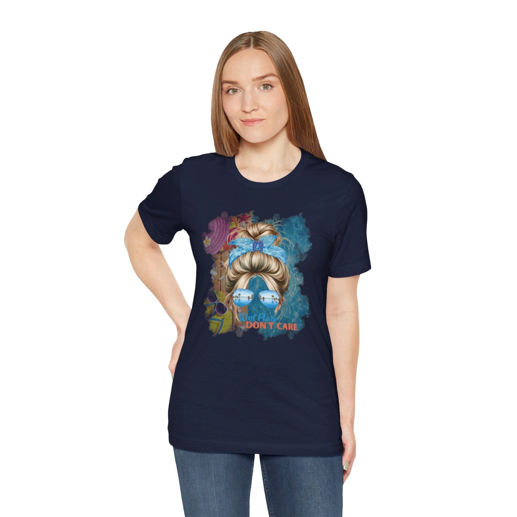 Wet Hair Don't Care, Blond Hair Messy Bun, Pool Scene, Unisex Jersey Short Sleeve Tee - Janlyn's Crafts