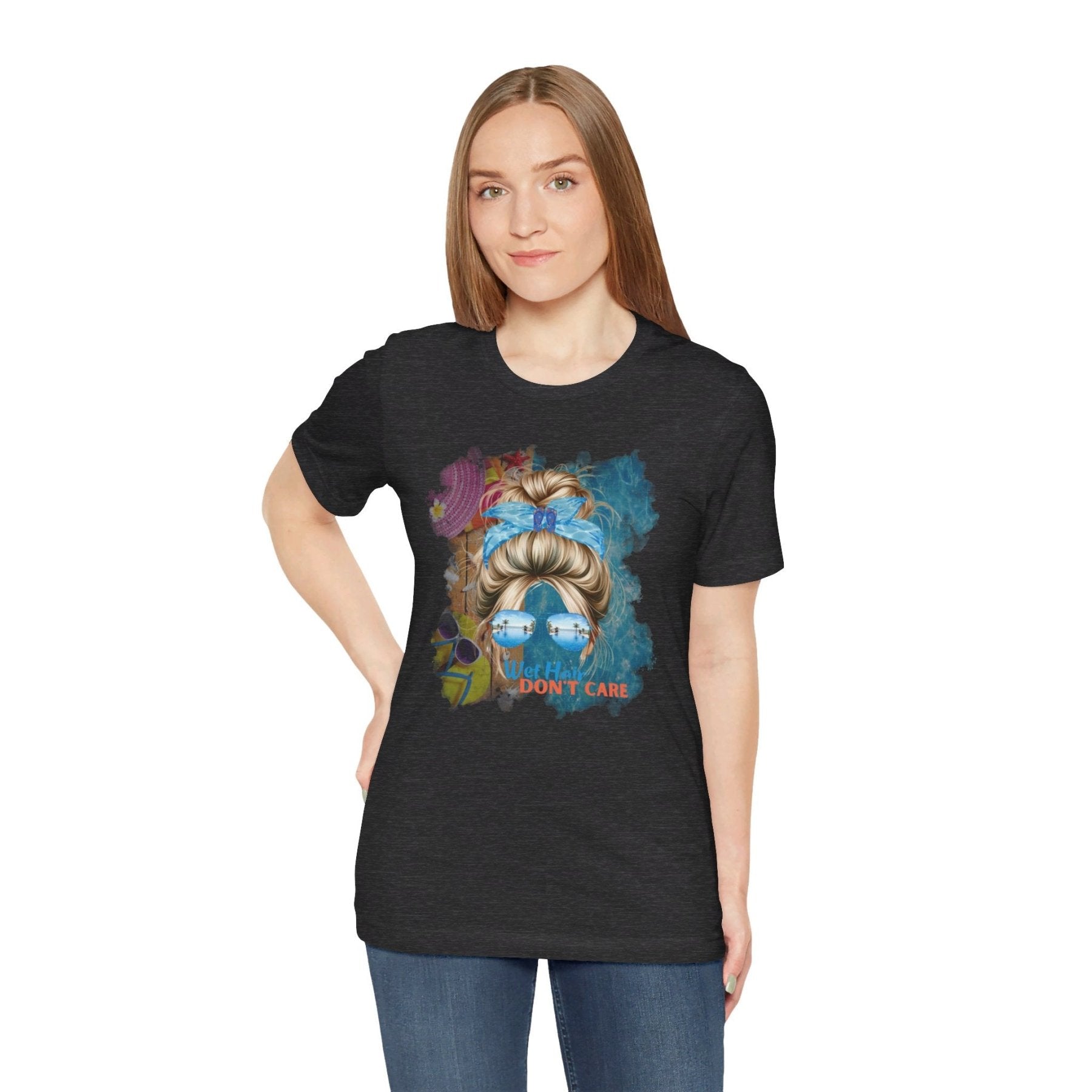 Wet Hair Don't Care, Blond Hair Messy Bun, Pool Scene, Unisex Jersey Short Sleeve Tee - Janlyn's Crafts