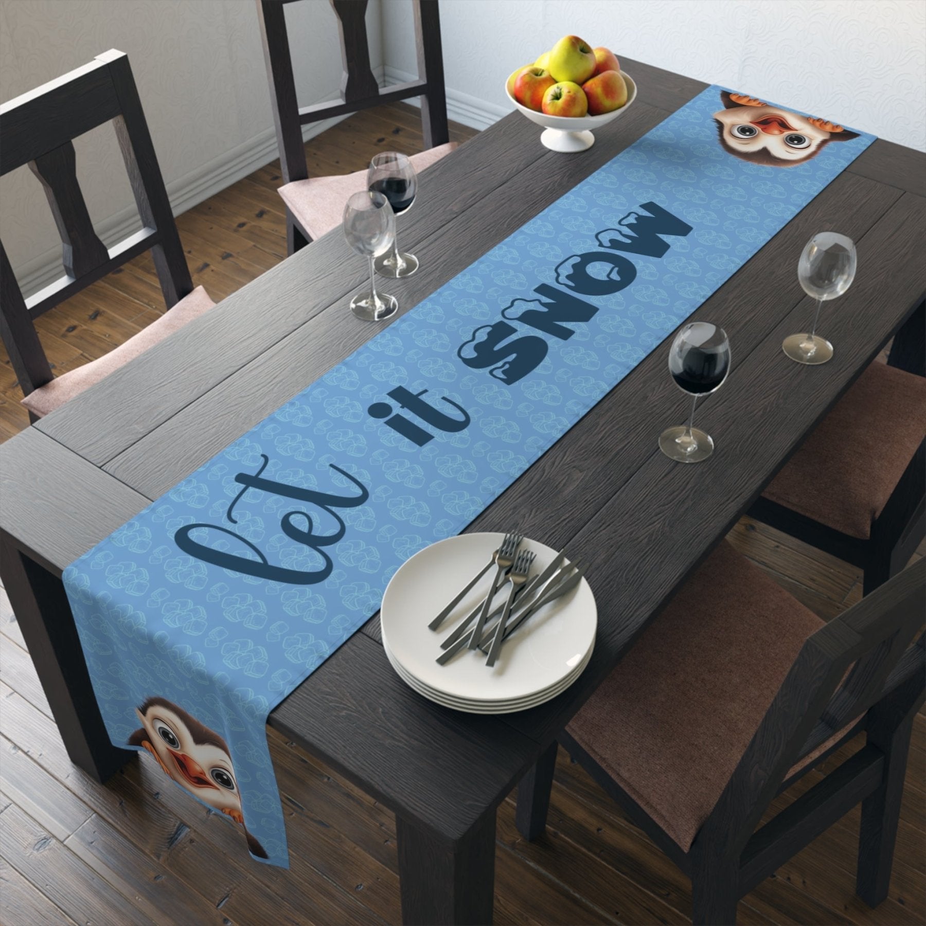 Winter Theme Table Runner, Winter Table Runner, Snow, Snowflakes, Winter Runner, Winter Decor, Let it Snow, Penguin, Light Blue - Janlyn's Crafts