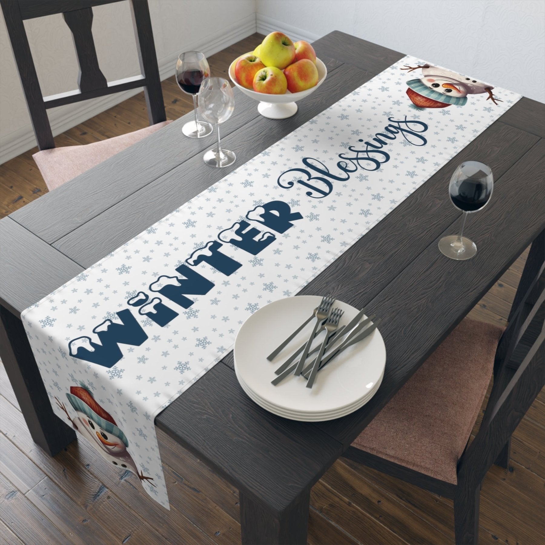Winter Theme Table Runner, Winter Table Runner, Snow, Snowflakes, Winter Runner, Winter Decor, Winter Blessings, Snowman 4, White - Janlyn's Crafts