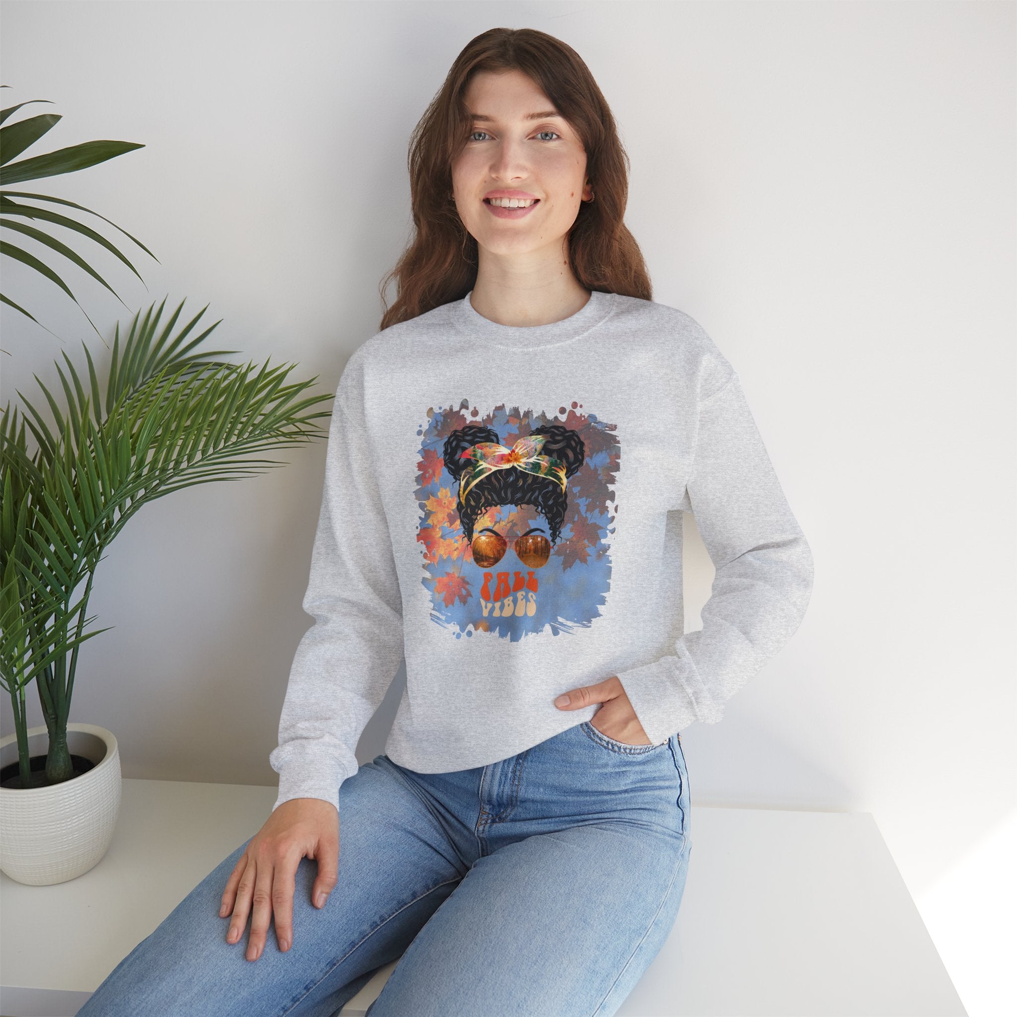 Fall Vibes Fall Sky, Black Hair Messy Bun, Unisex Heavy Blend™ Crewneck Sweatshirt