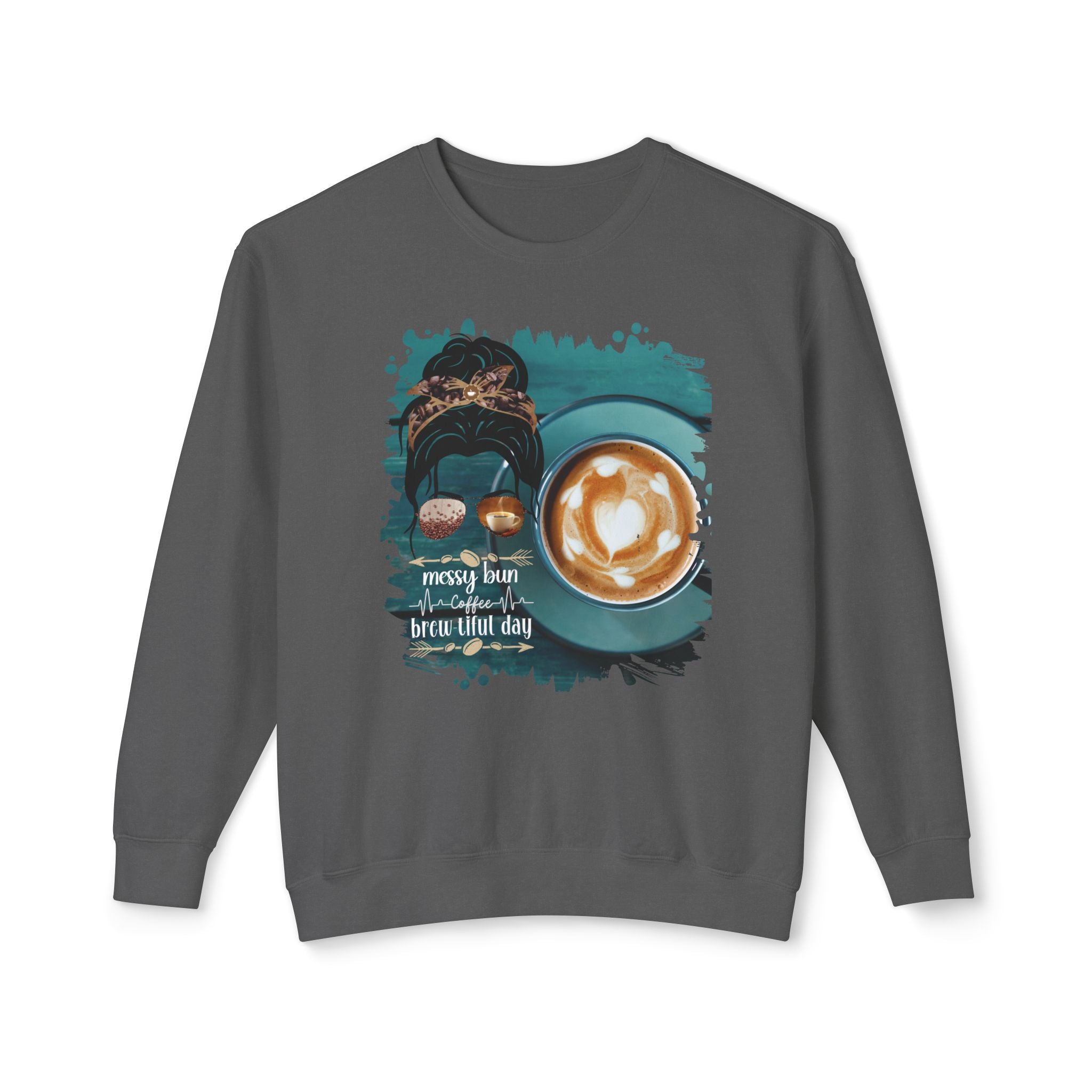 Coffee Heartbeat, Coffee Cup, Dark Hair Messy Bun, Unisex Lightweight Crewneck Sweatshirt