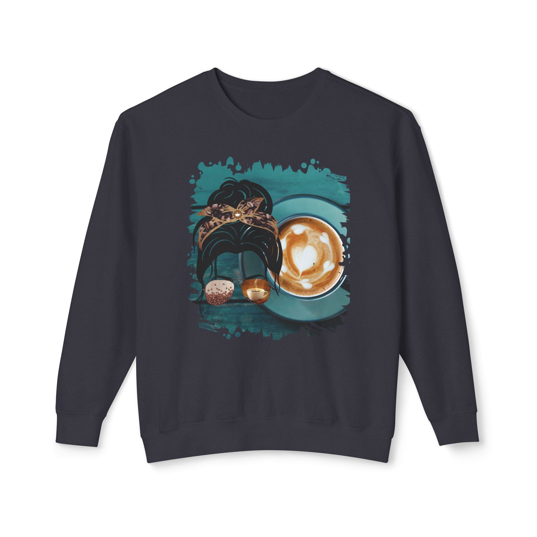 Coffee Cup, Dark Hair Messy Bun, Unisex Lightweight Crewneck Sweatshirt