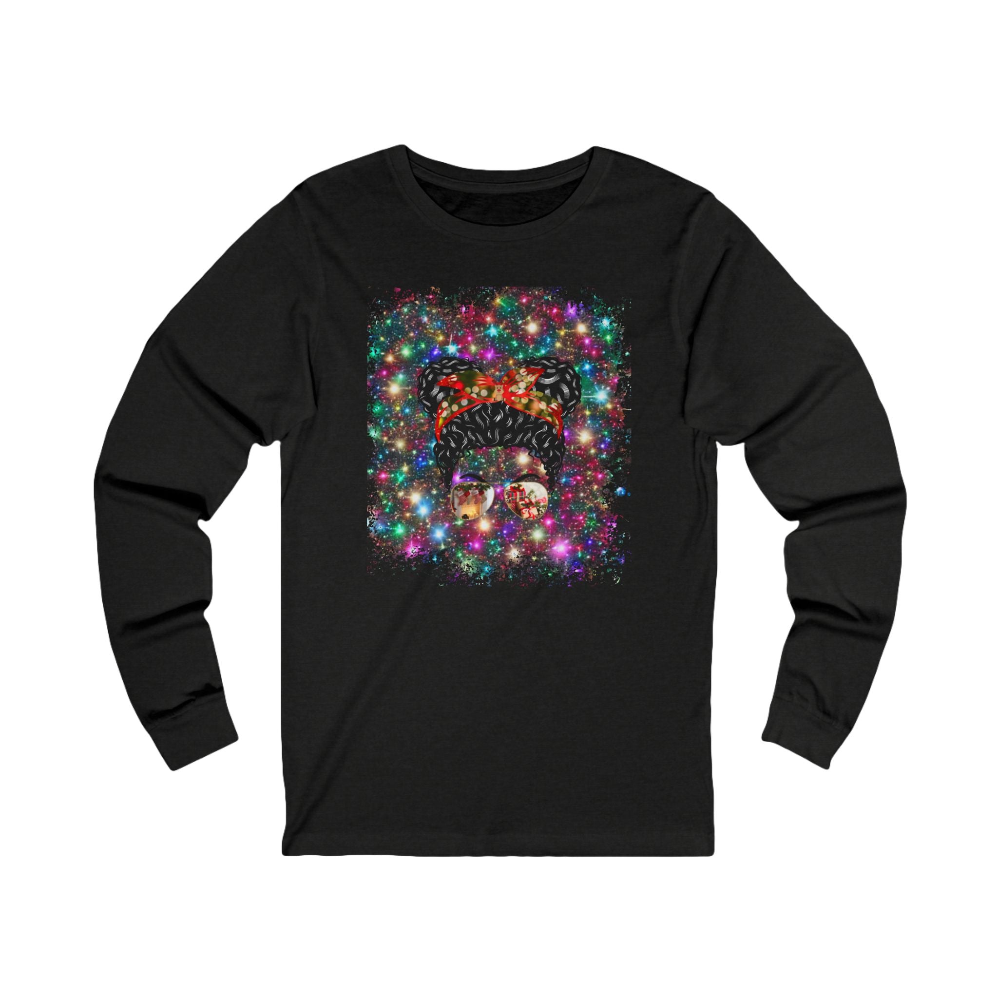 Christmas Lights, Black Hair Messy Bun, Unisex Jersey Long Sleeve Tee