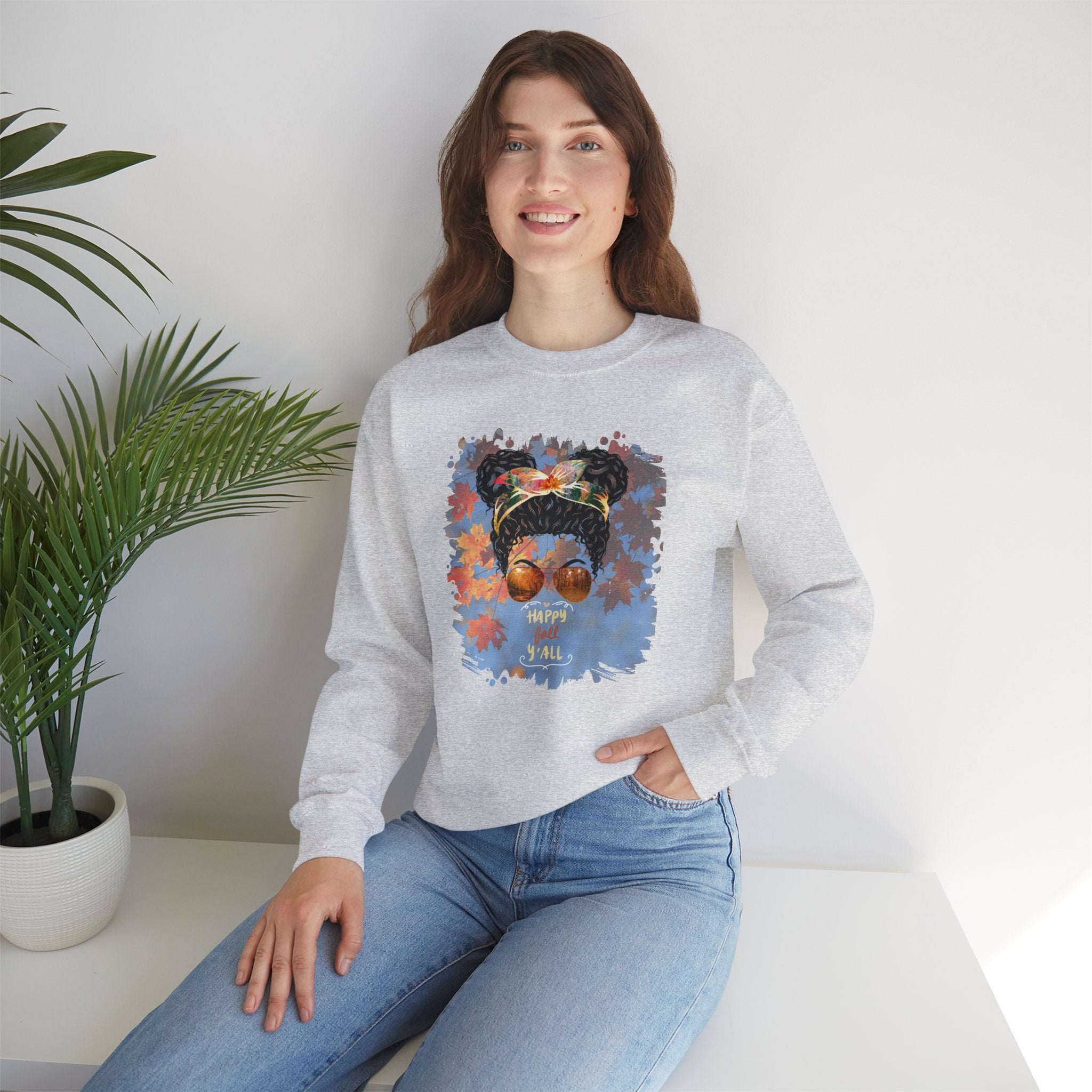 Happy Fall Y'all Fall Sky, Black Hair Messy Bun, Unisex Heavy Blend™ Crewneck Sweatshirt