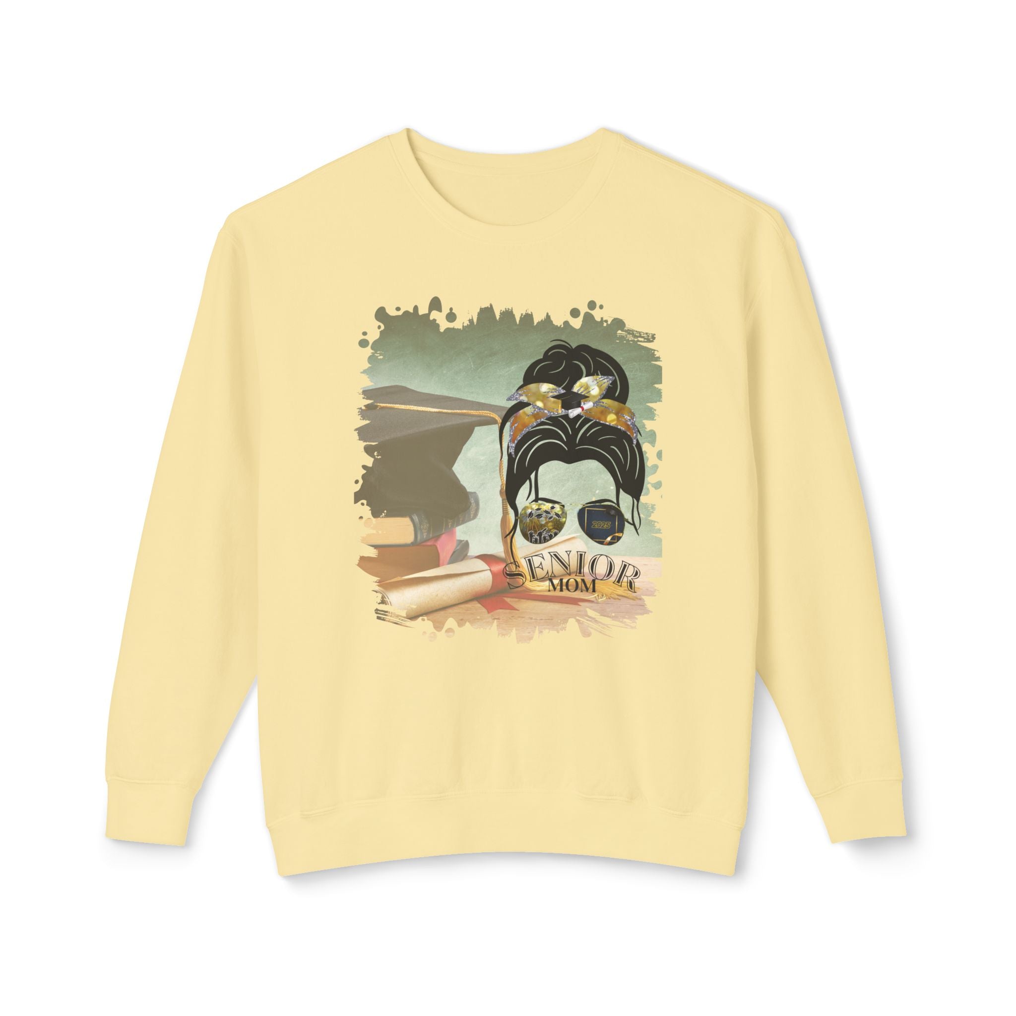 Senior Mom, Cap & Degree/Diploma, Dark Hair Messy Bun, Unisex Lightweight Crewneck Sweatshirt
