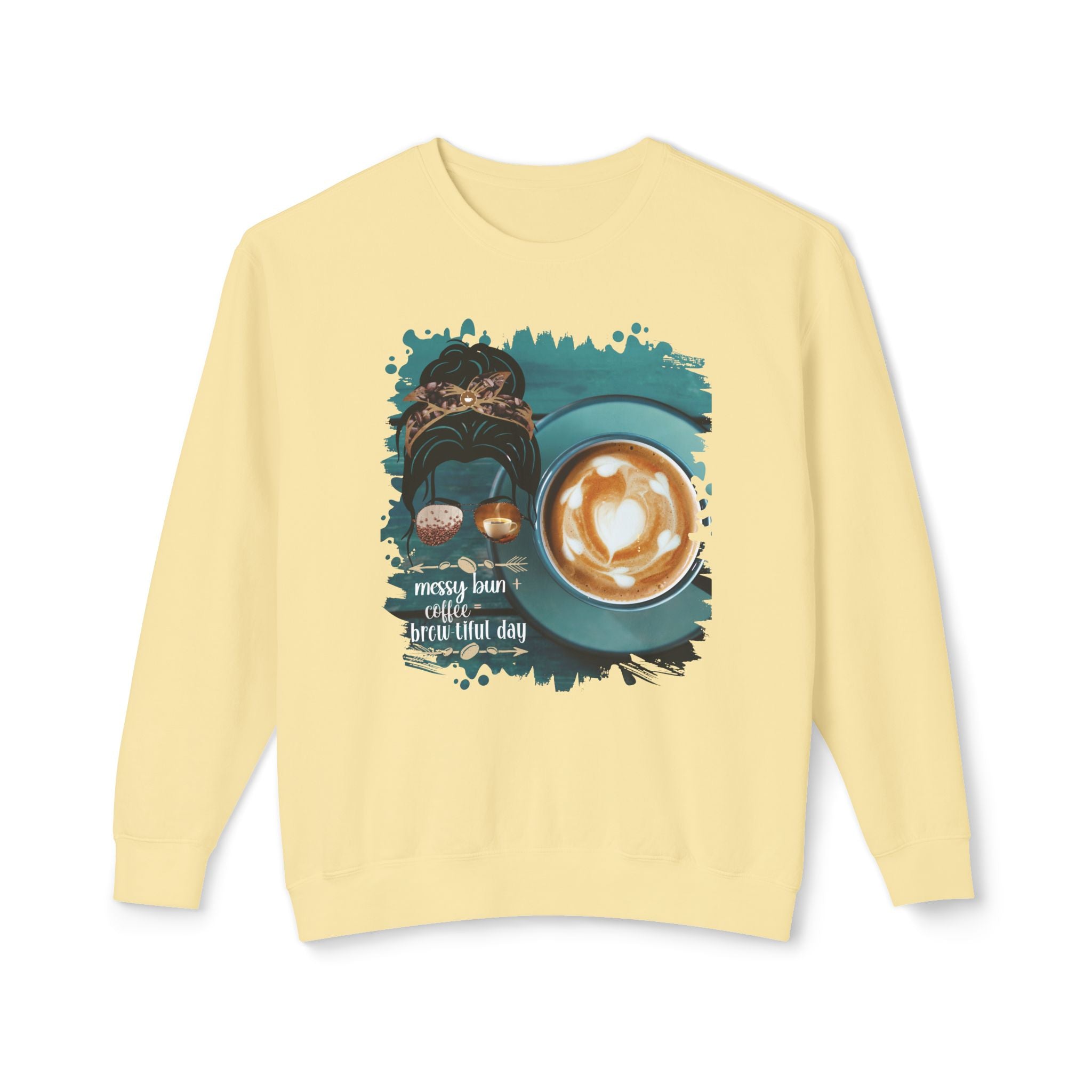 Messy Bun plus Coffee, Coffee Cup, Dark Hair Messy Bun, Unisex Lightweight Crewneck Sweatshirt