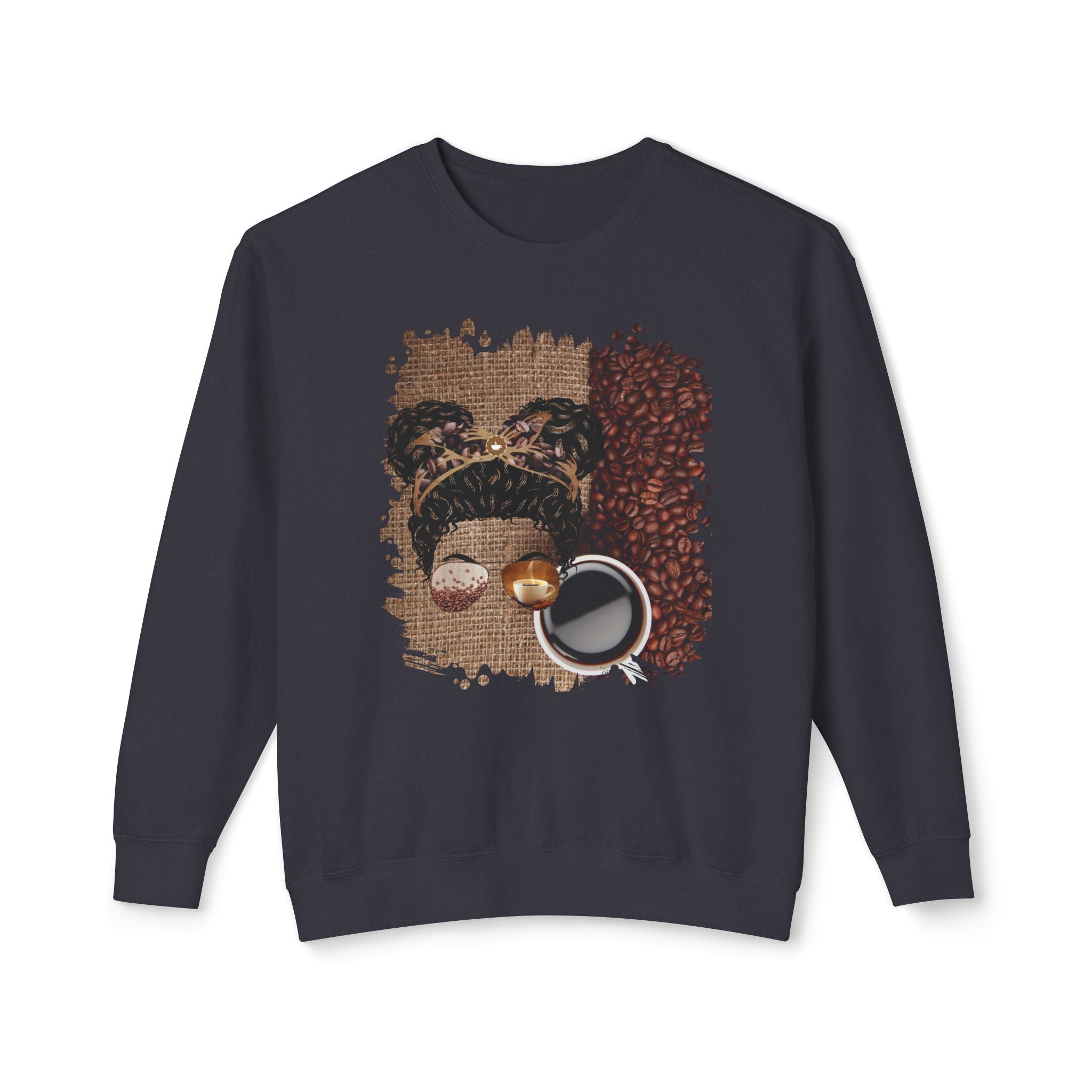 Coffee Beans Bag, Black Hair Messy Bun, Unisex Lightweight Crewneck Sweatshirt