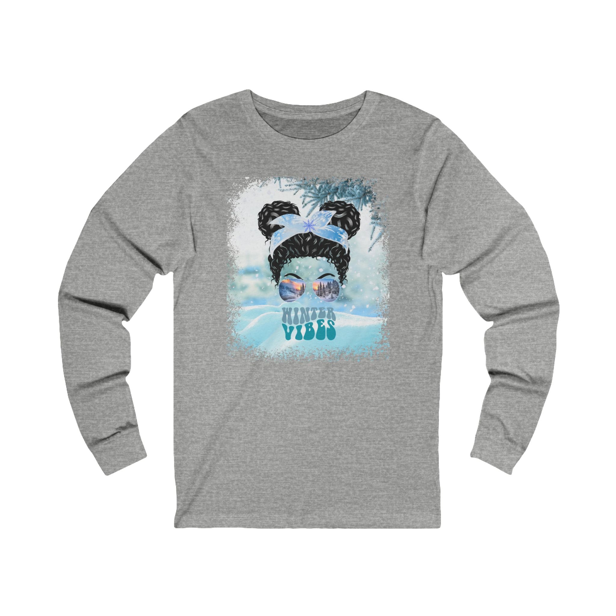 Winter Vibes Snow, Black Hair Messy Bun, Unisex Jersey Long Sleeve Tee