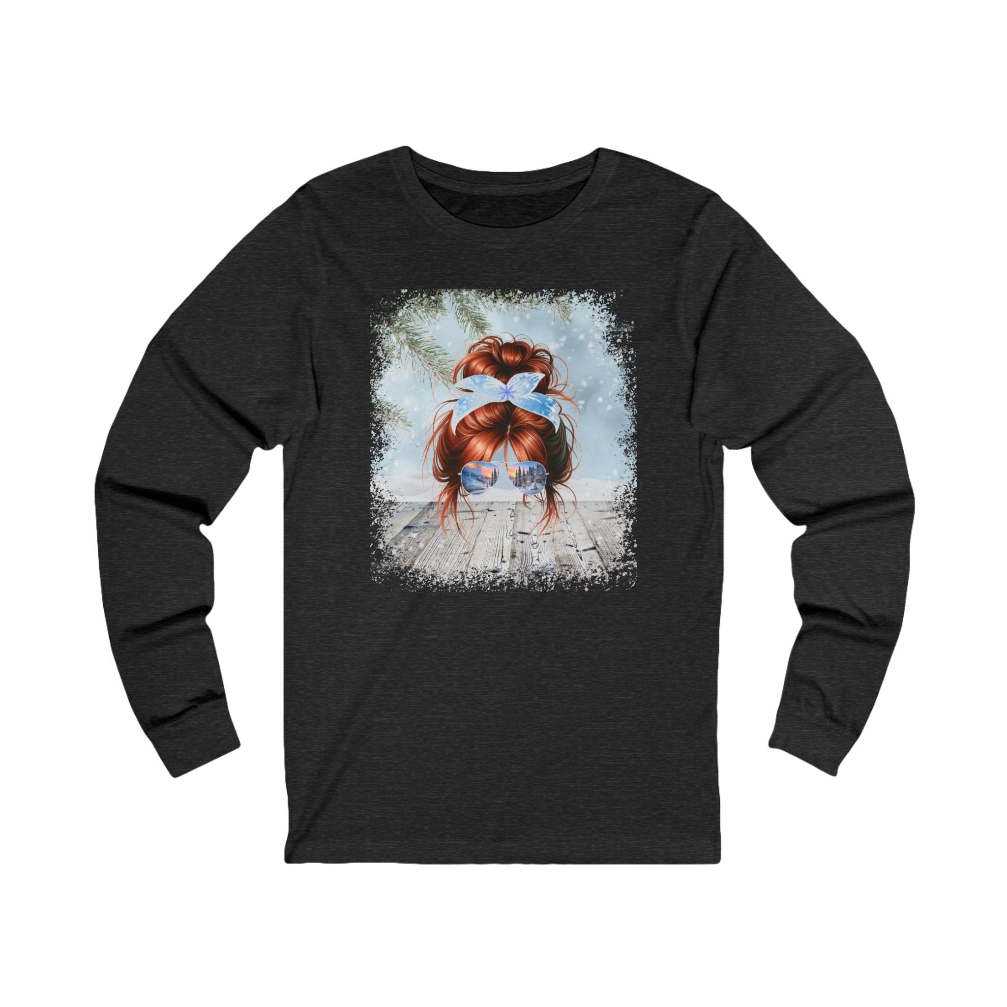 Winter Snowy Porch, Red Hair Messy Bun, Unisex Jersey Long Sleeve Tee