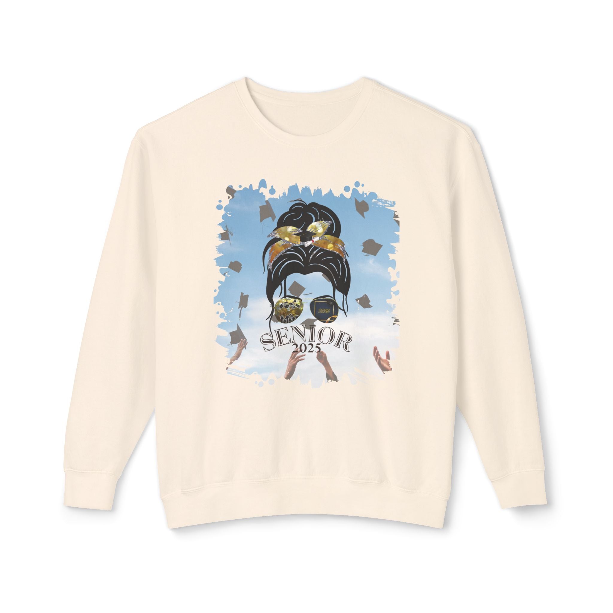 Senior 2025, Celebration, Dark Hair Messy Bun, Unisex Lightweight Crewneck Sweatshirt