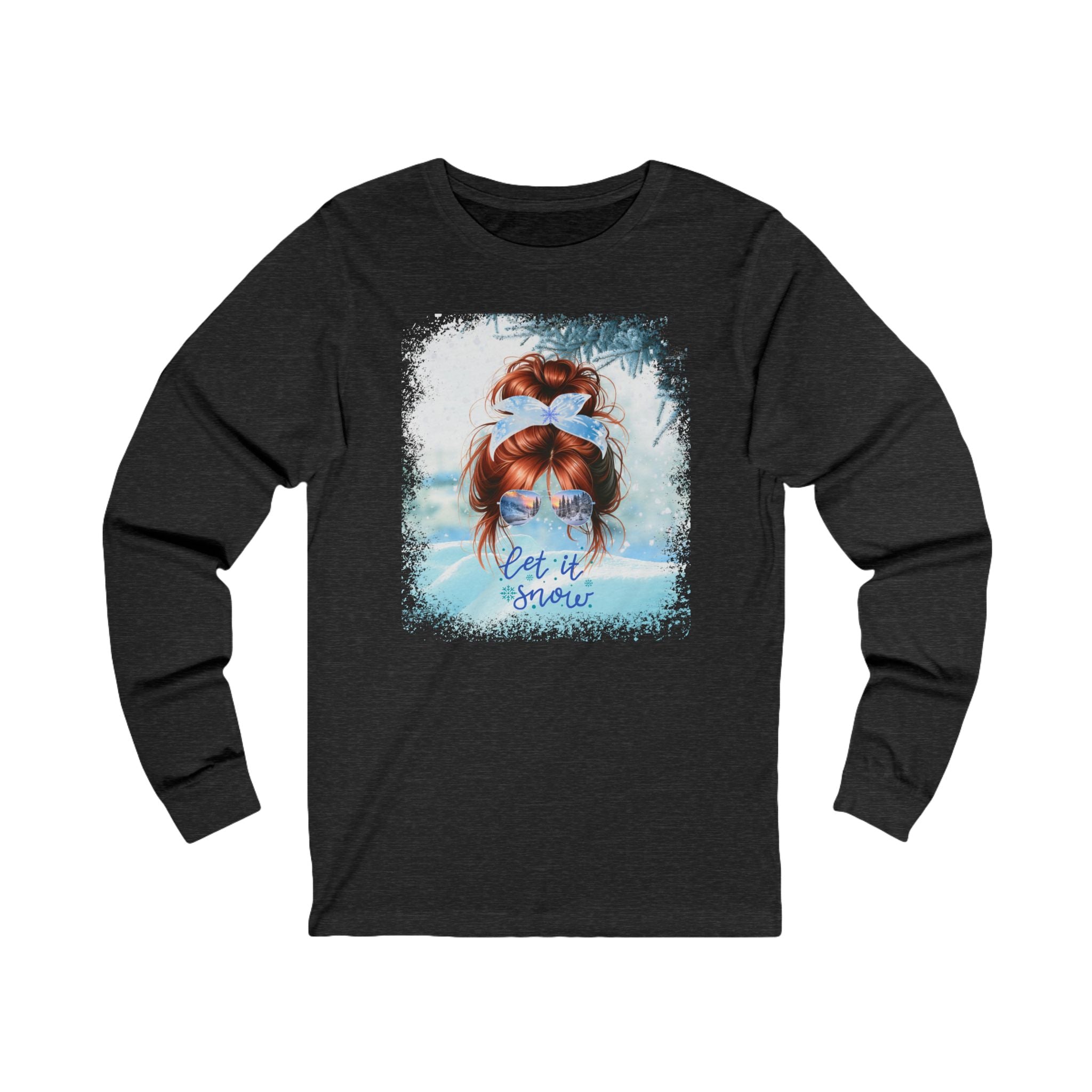 Let it Snow, Snow, Red Hair Messy Bun, Unisex Jersey Long Sleeve Tee