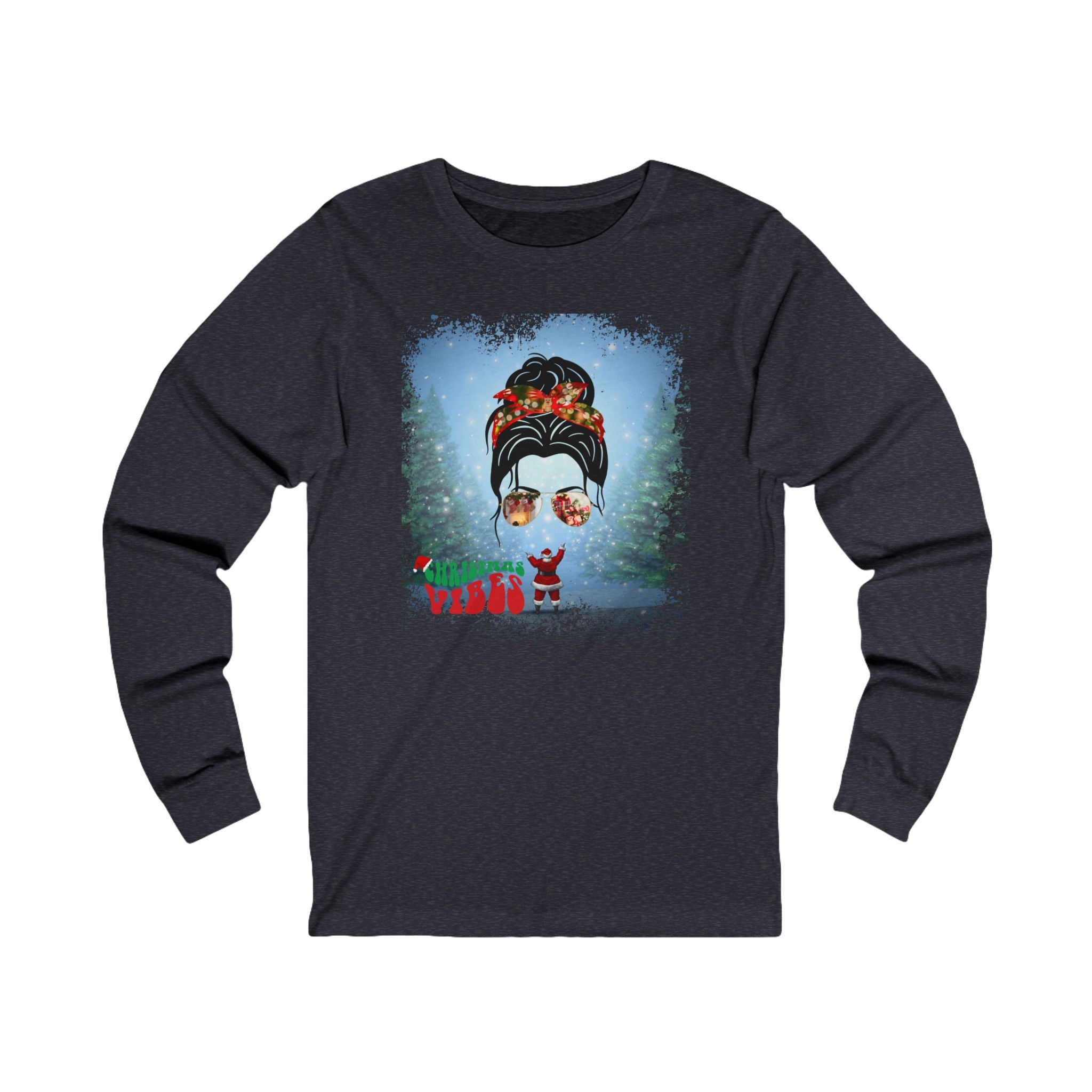 Christmas Vibes Santa, Dark Hair Messy Bun, Unisex Jersey Long Sleeve Tee