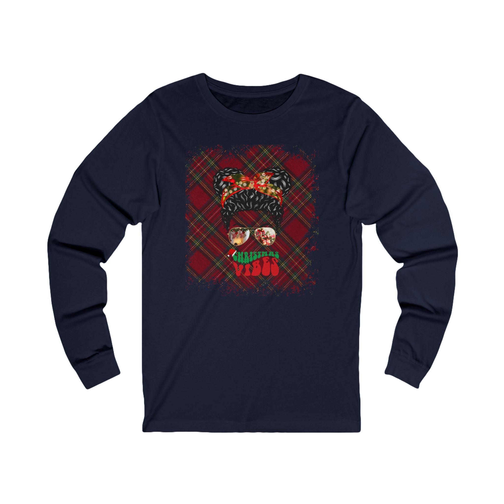 Christmas Vibes Christmas Plaid, Black Hair Messy Bun, Unisex Jersey Long Sleeve Tee