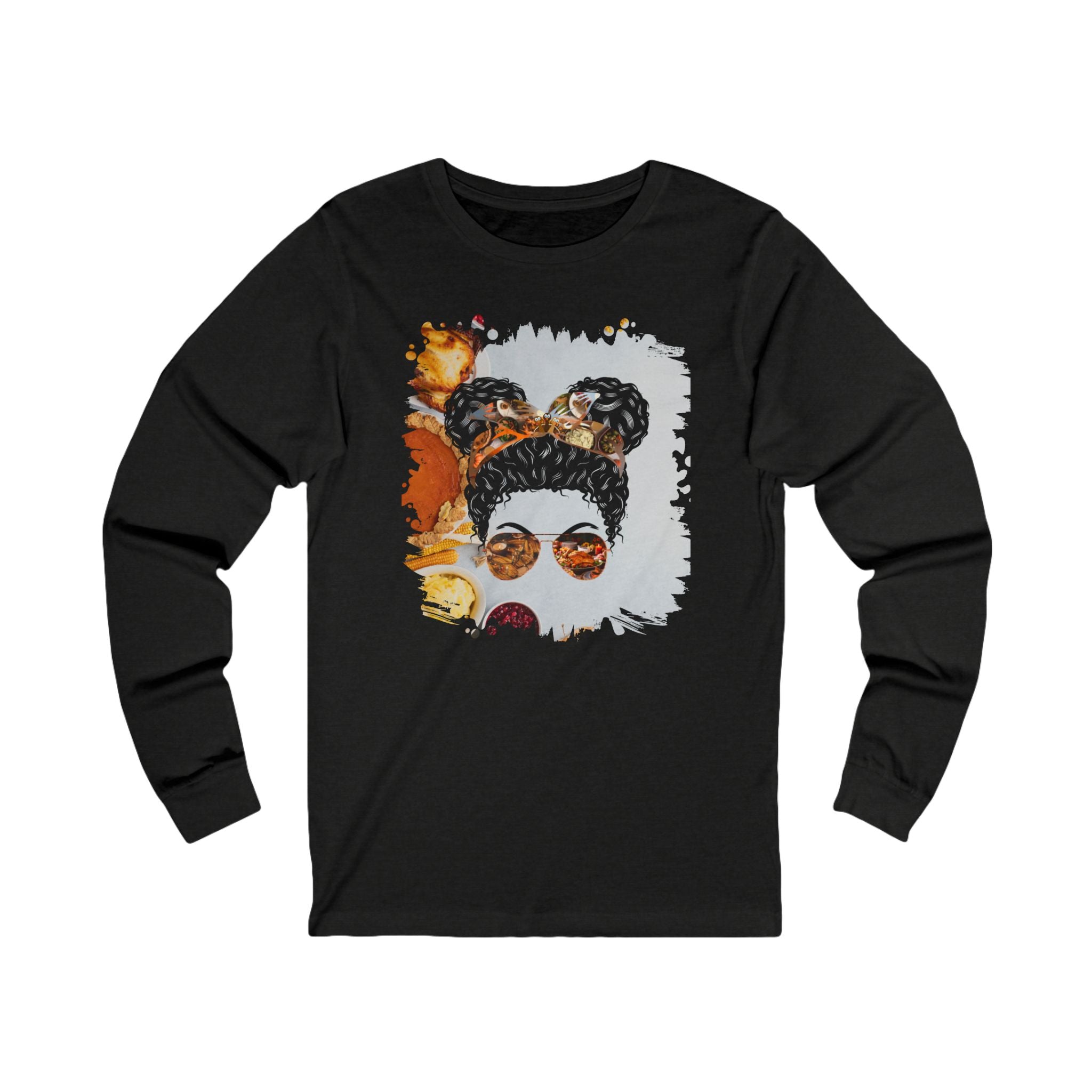 Thanksgiving Pie, Black Hair Messy Bun, Unisex Jersey Long Sleeve Tee