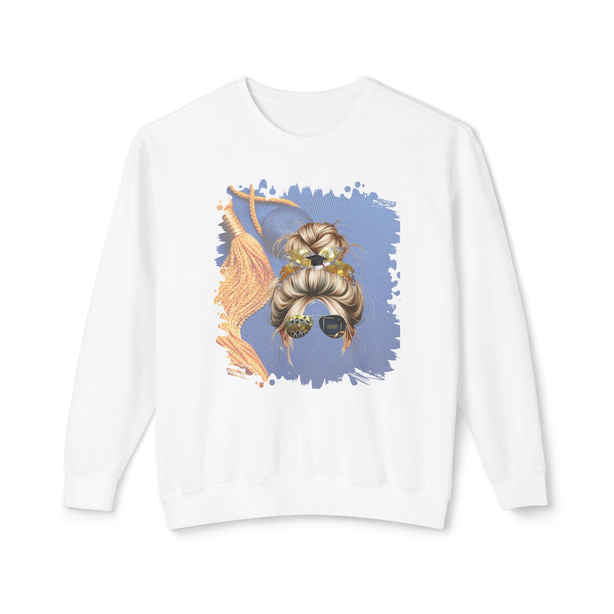 Graduation Cap, Blond Hair Messy Bun, Unisex Lightweight Crewneck Sweatshirt
