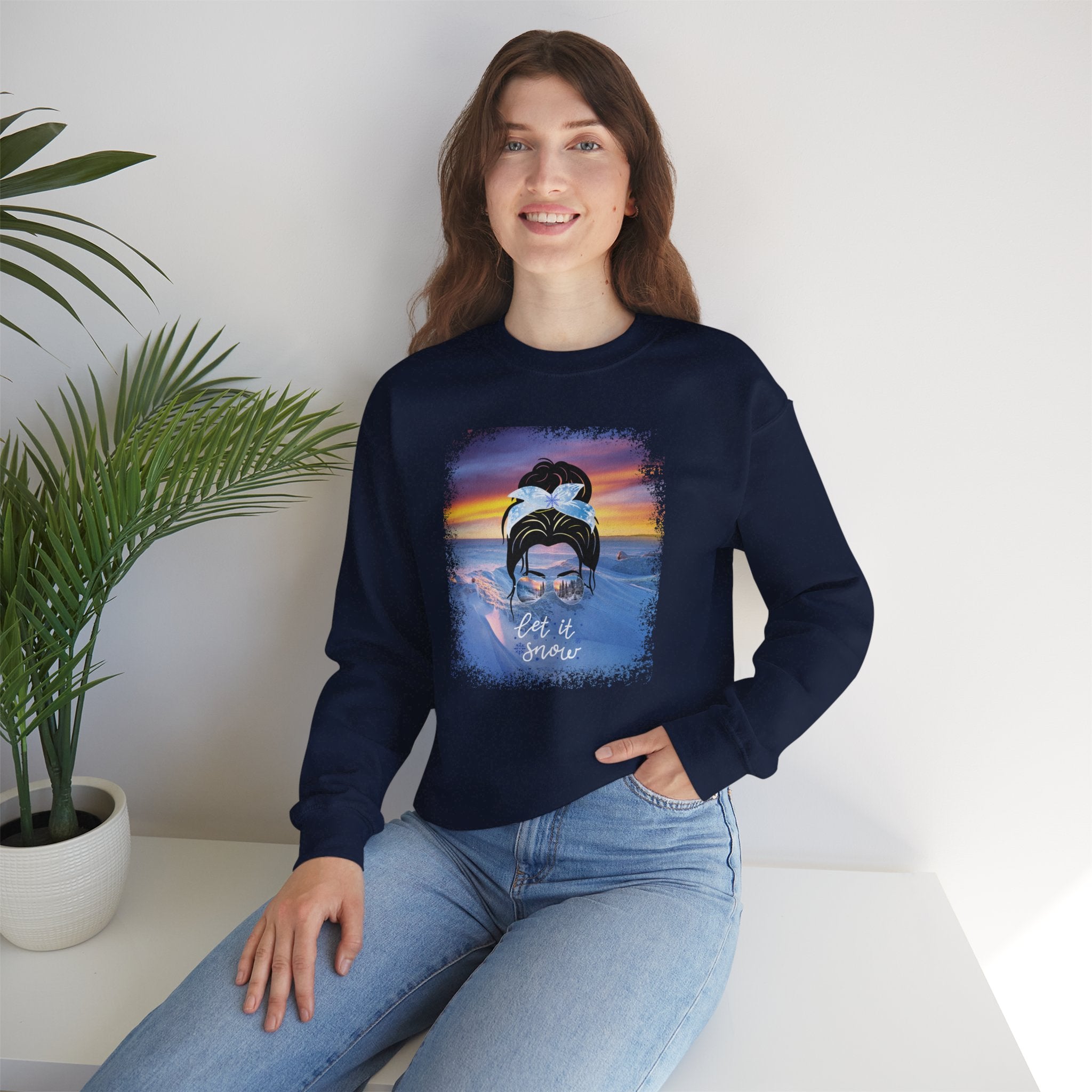 Let it Snow Winter Mountain, Dark Hair Messy Bun, Unisex Heavy Blend™ Crewneck Sweatshirt