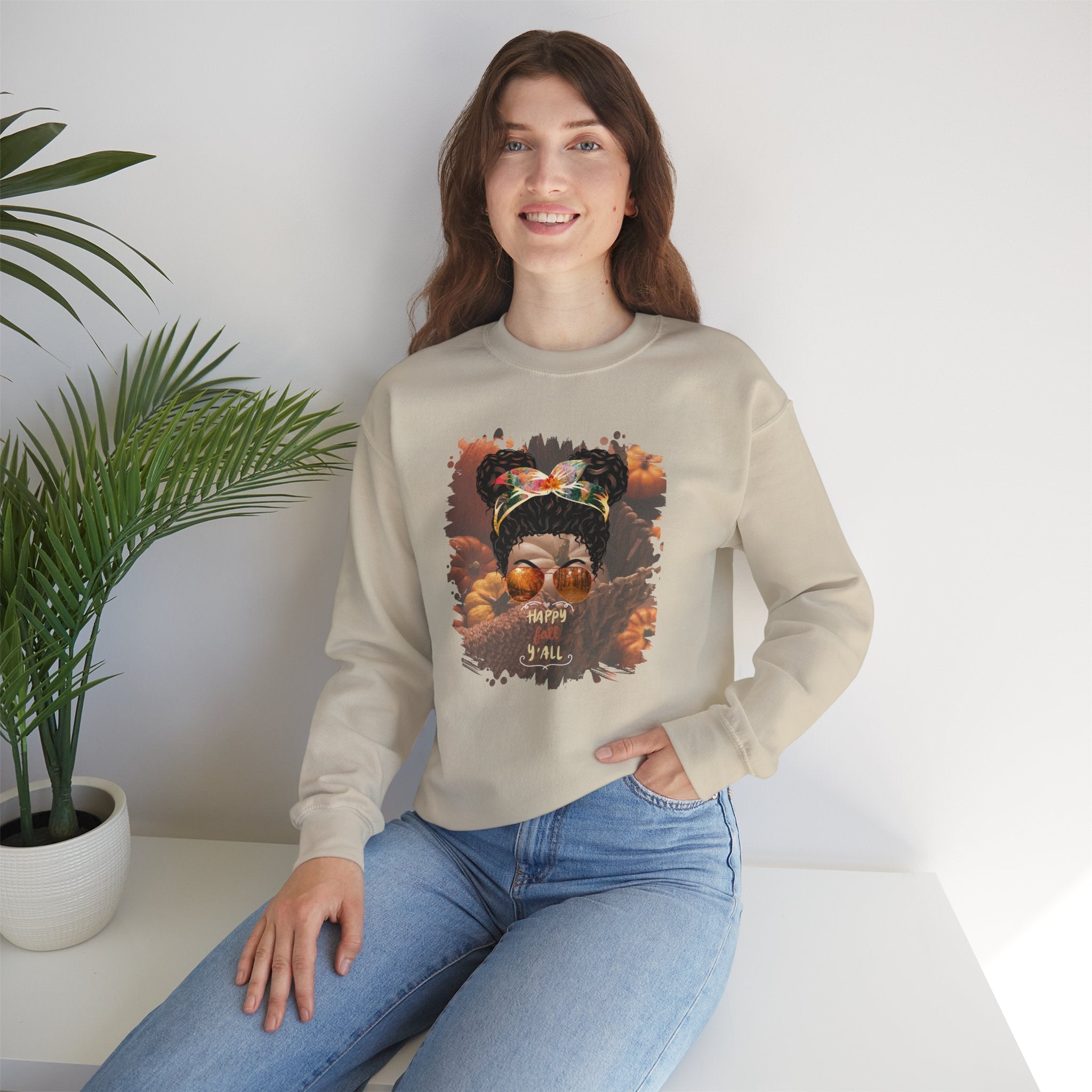 Happy Fall Y'all Fall Pumpkins, Black Hair Messy Bun, Unisex Heavy Blend™ Crewneck Sweatshirt