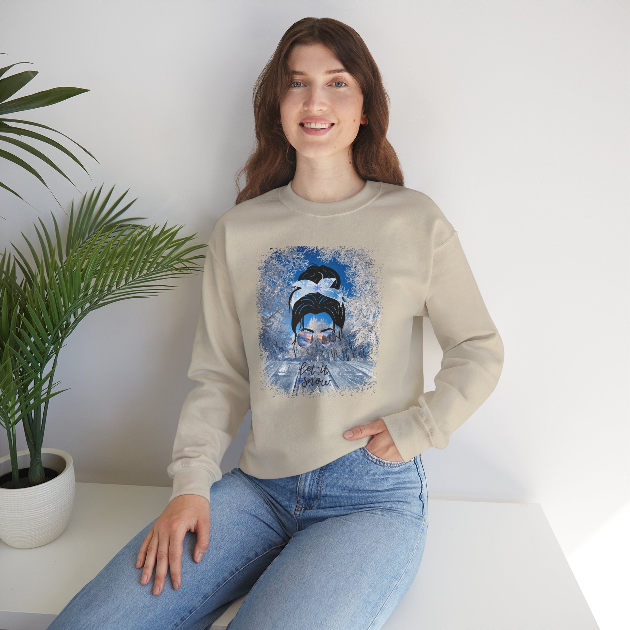 Let it Snow Winter Porch, Dark Hair Messy Bun, Unisex Heavy Blend™ Crewneck Sweatshirt