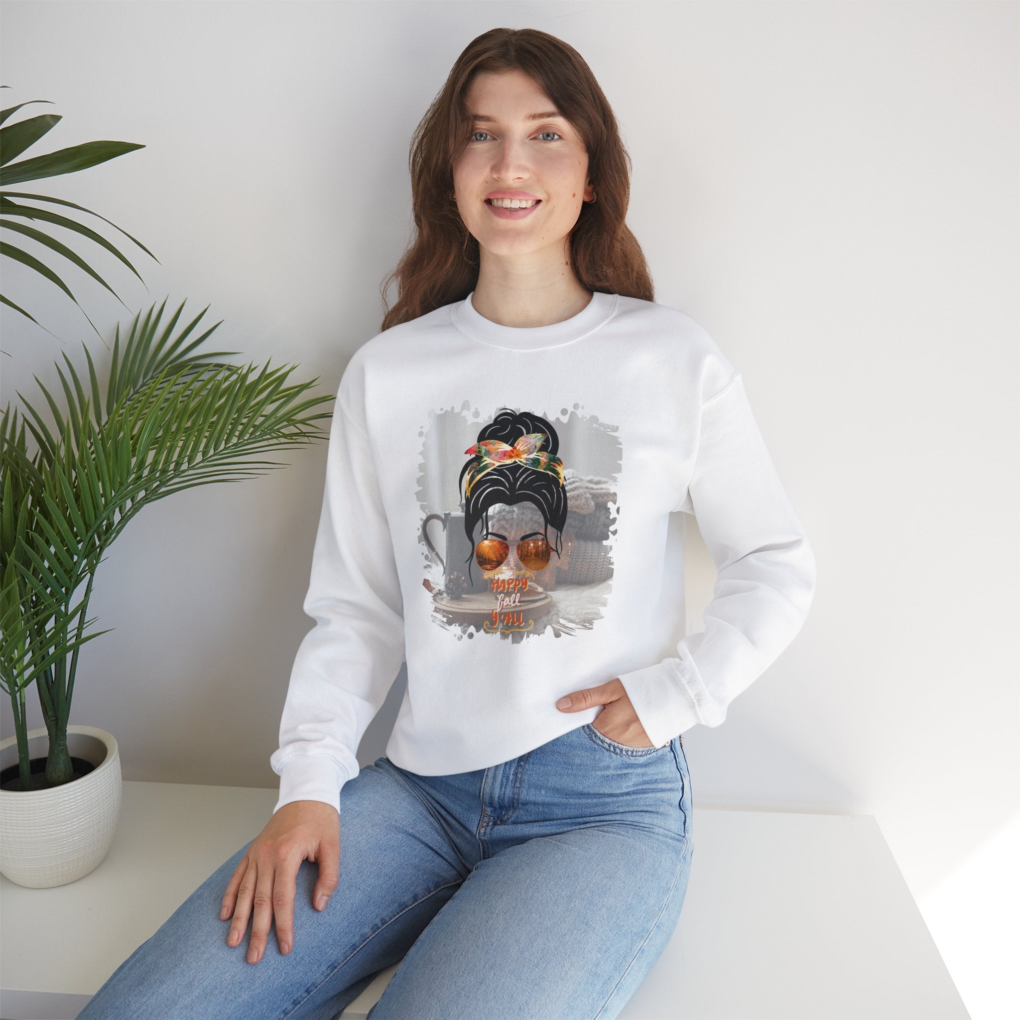 Happy Fall Y'all Fall Sweater, Dark Hair Messy Bun, Unisex Heavy Blend™ Crewneck Sweatshirt